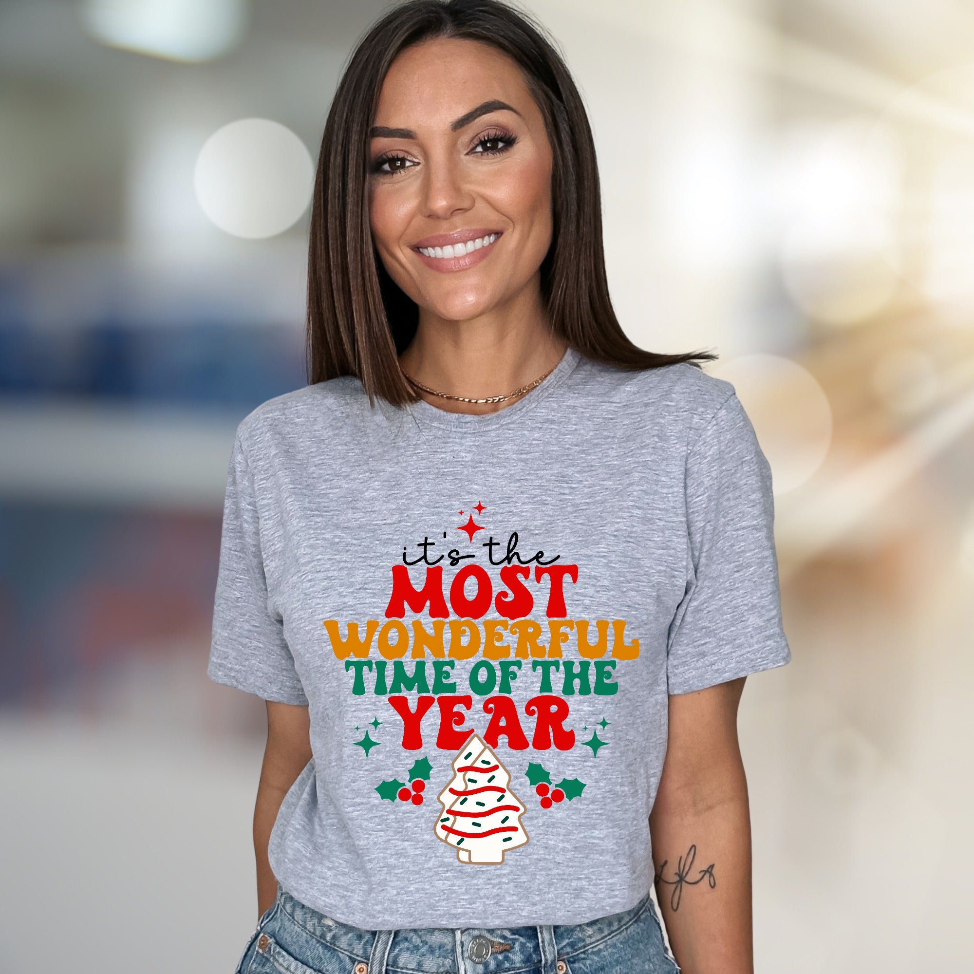 "It's the Most Wonderful Time of the Year" Whimsical Christmas Tree Graphic Tee, a Festive Holiday Pick for Everyone