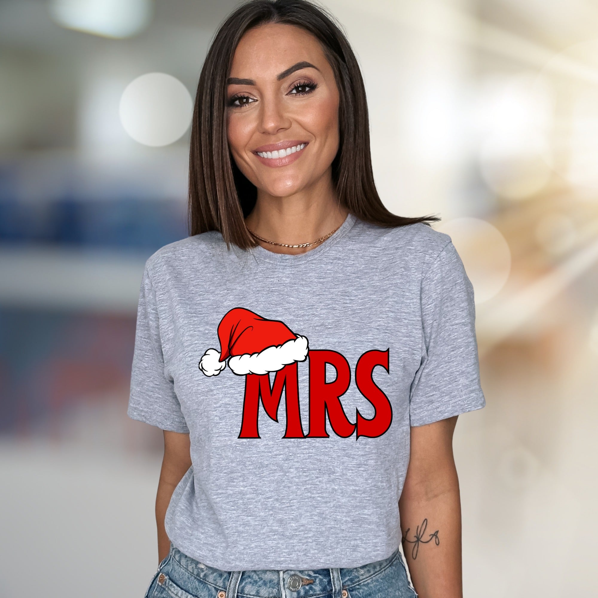 "MRS" Christmas Santa Hat Graphic Tee, a Festive Couple's Pick for Her