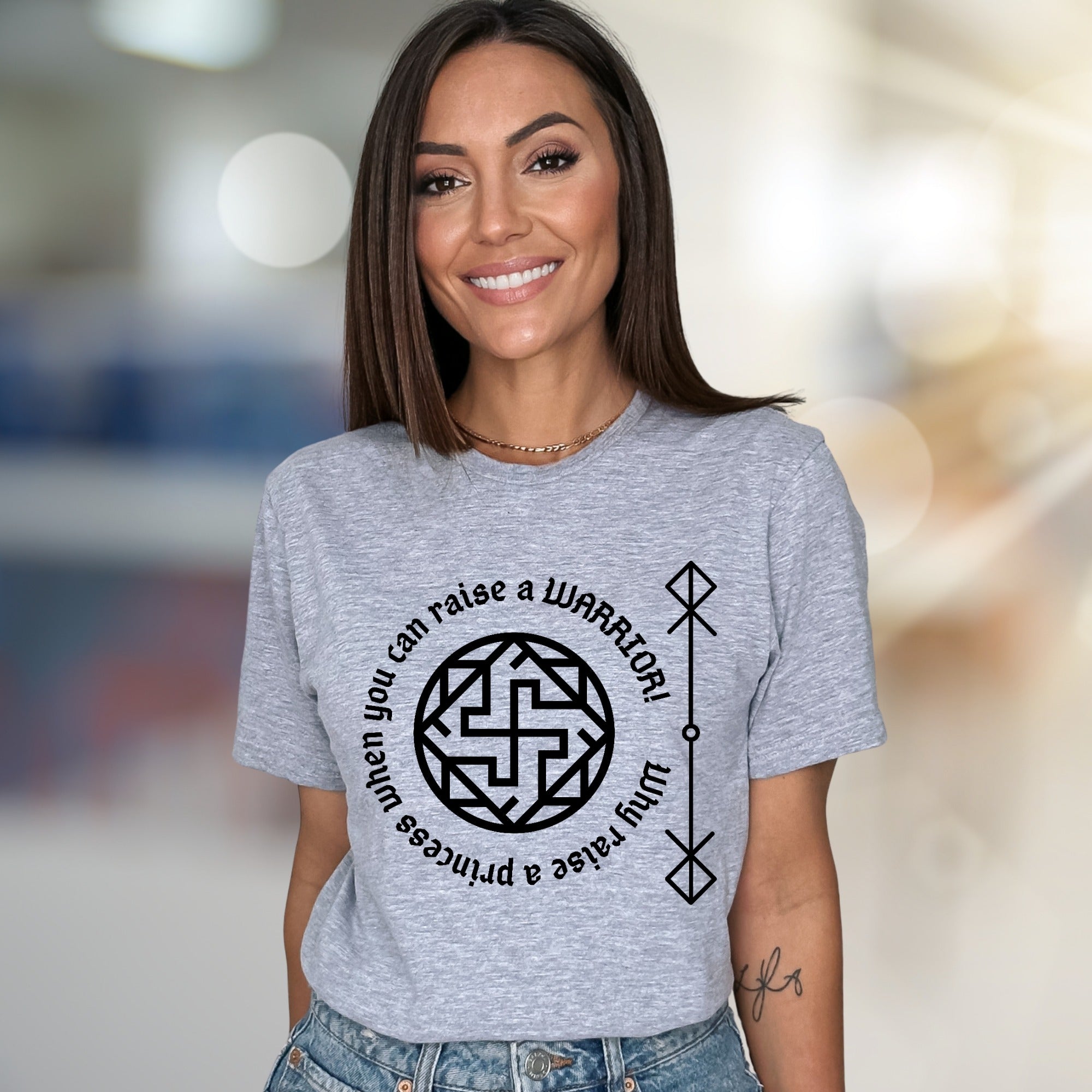 "Rai a Warrior" Empowering Rune Circle Graphic Tee, a Bold Statement for Modern Women