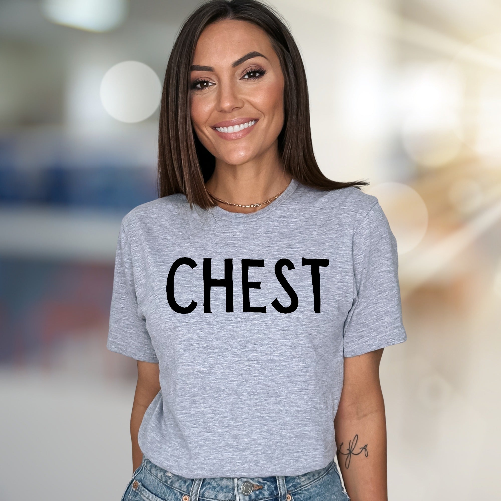 “CHEST” Funny Sarcastic Graphic Tee, A Humorous Pick for Gym Enthusiasts