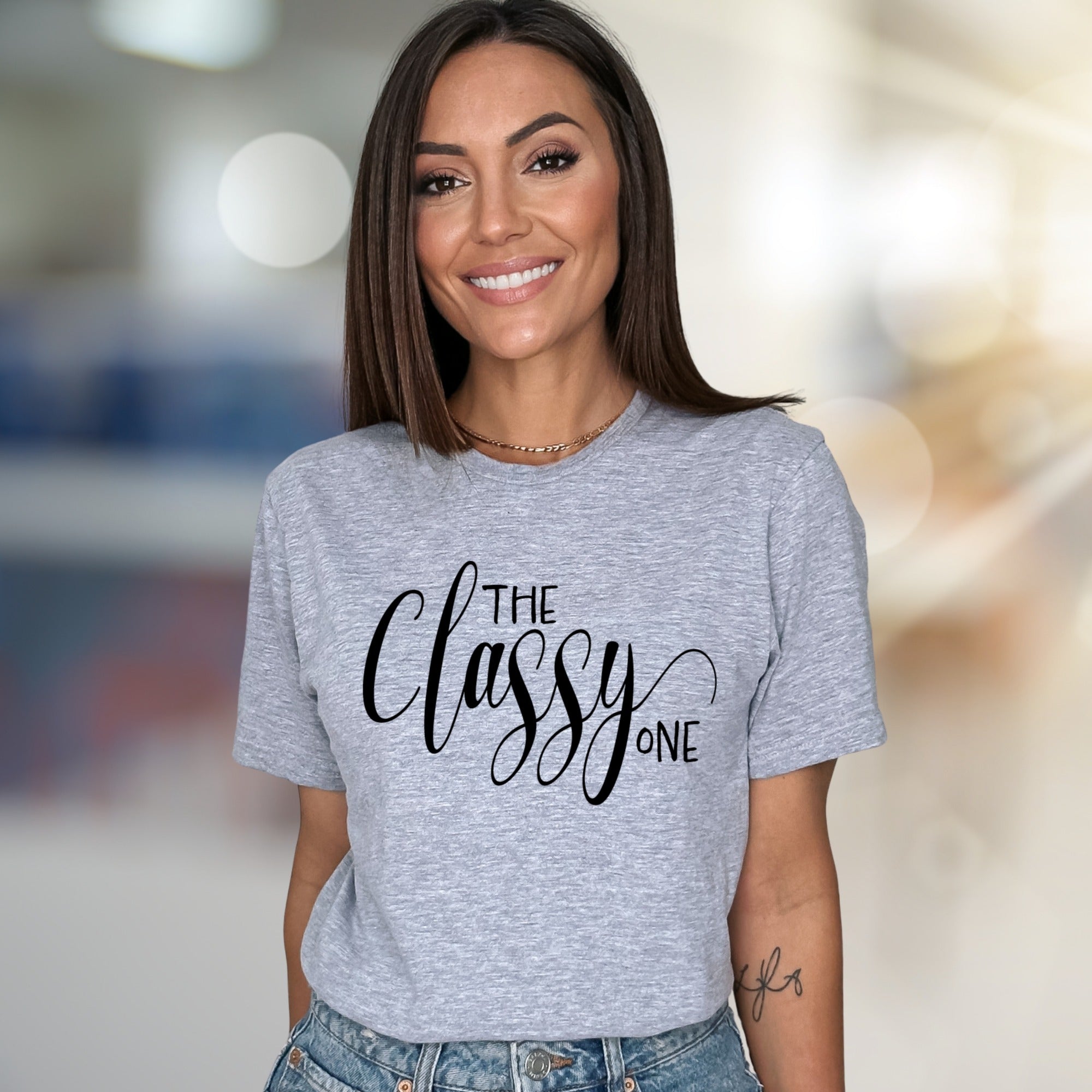 "THE Classy ONE" Elegant Script Graphic Tee, a Chic Statement for Her