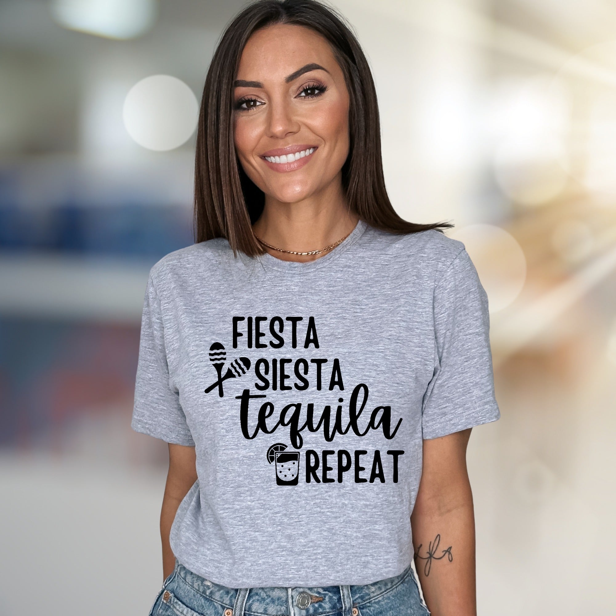 "FIESTA SIESTA TEQUILA REPEAT" Party Vibes Graphic Tee, a Fun Pick for Celebrators