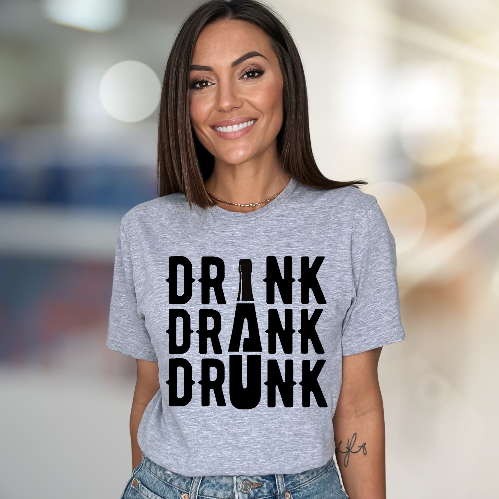 "DRINK DRANK DRUNK" Bar Night Graphic Tee, a Funny Party Pick for Revelers