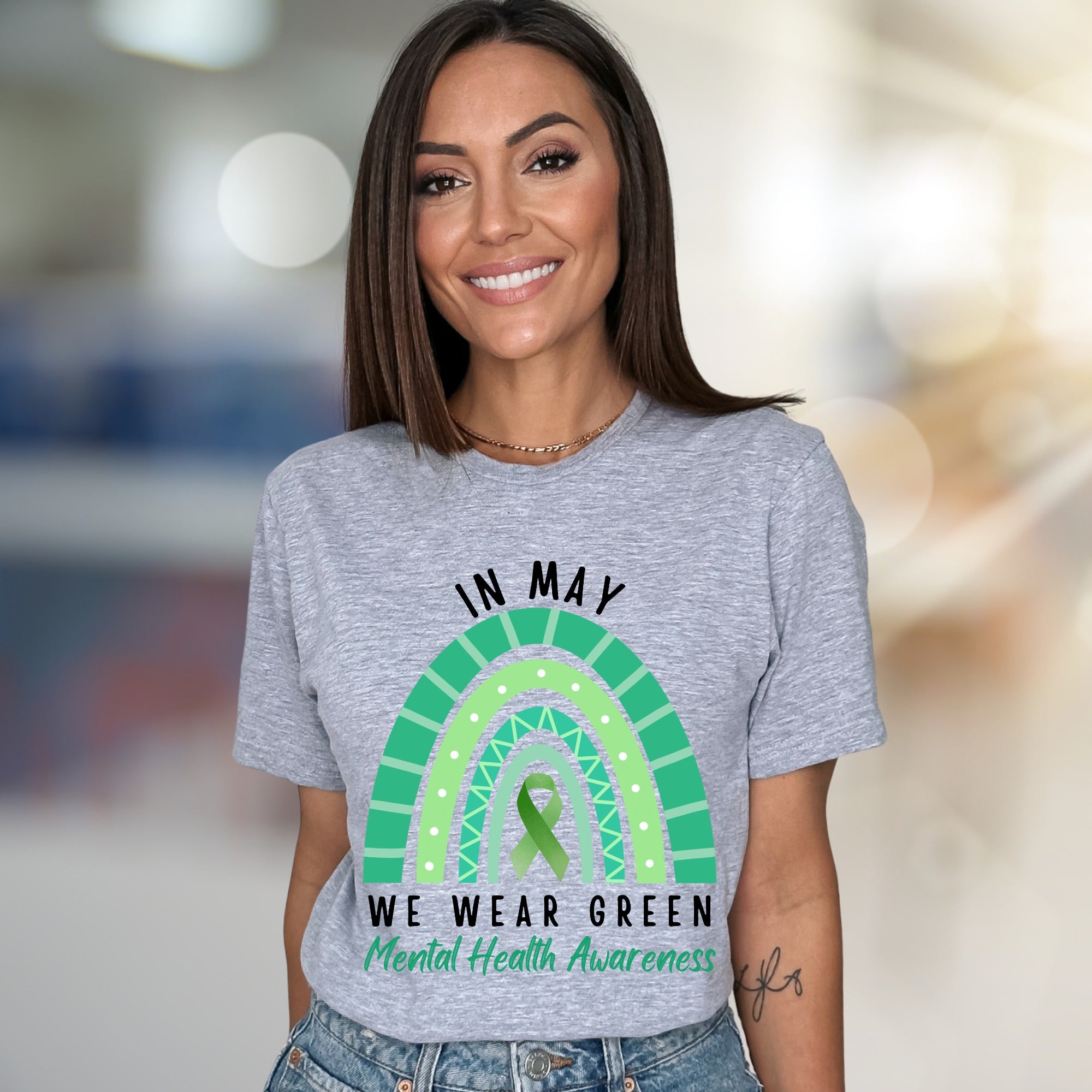 "IN MAY WE WEAR GREEN" Mental Health Awareness Rainbow Graphic Tee, a Supportive Expression for Advocates