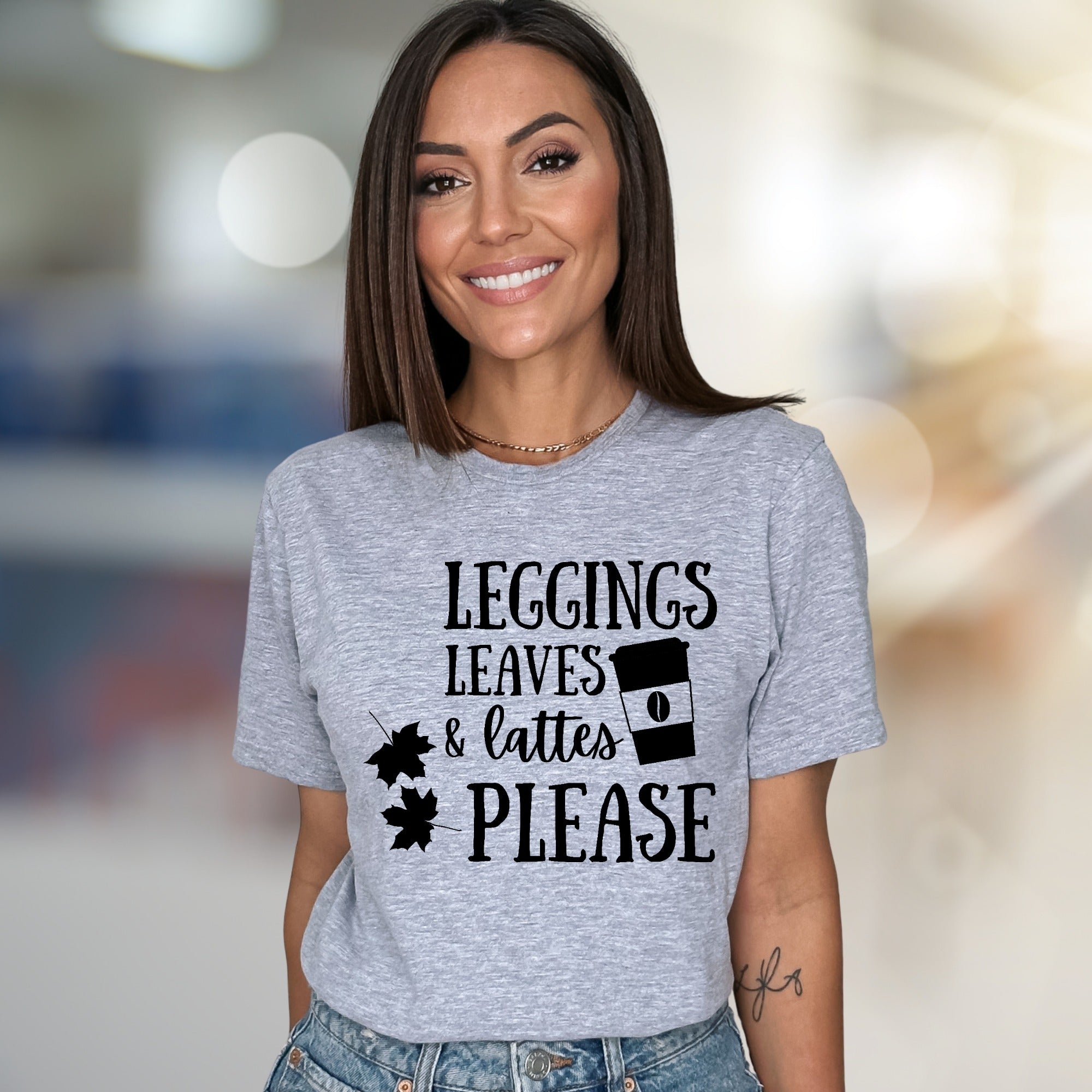 "LEGGINGS LEAVES & LATTES PLEASE" Autumn Comfort Graphic Tee, a Cozy Fall Pick for Coffee Lovers