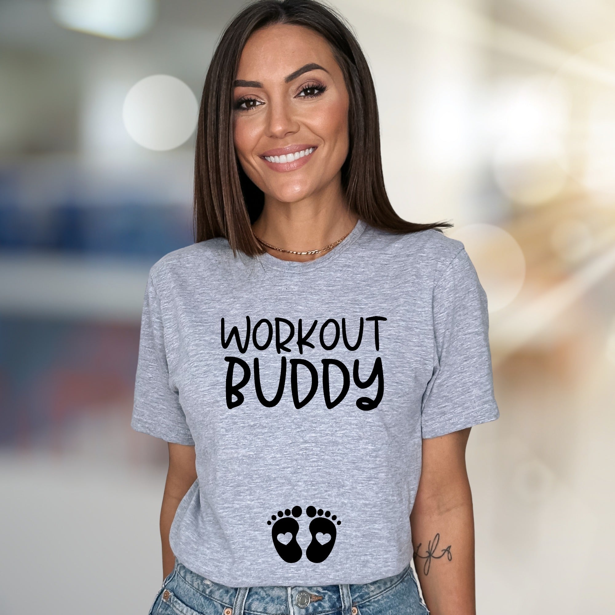 "Workout Buddy" Maternity Graphic Tee, a Pregnancy-Fit Pick for Expecting Moms