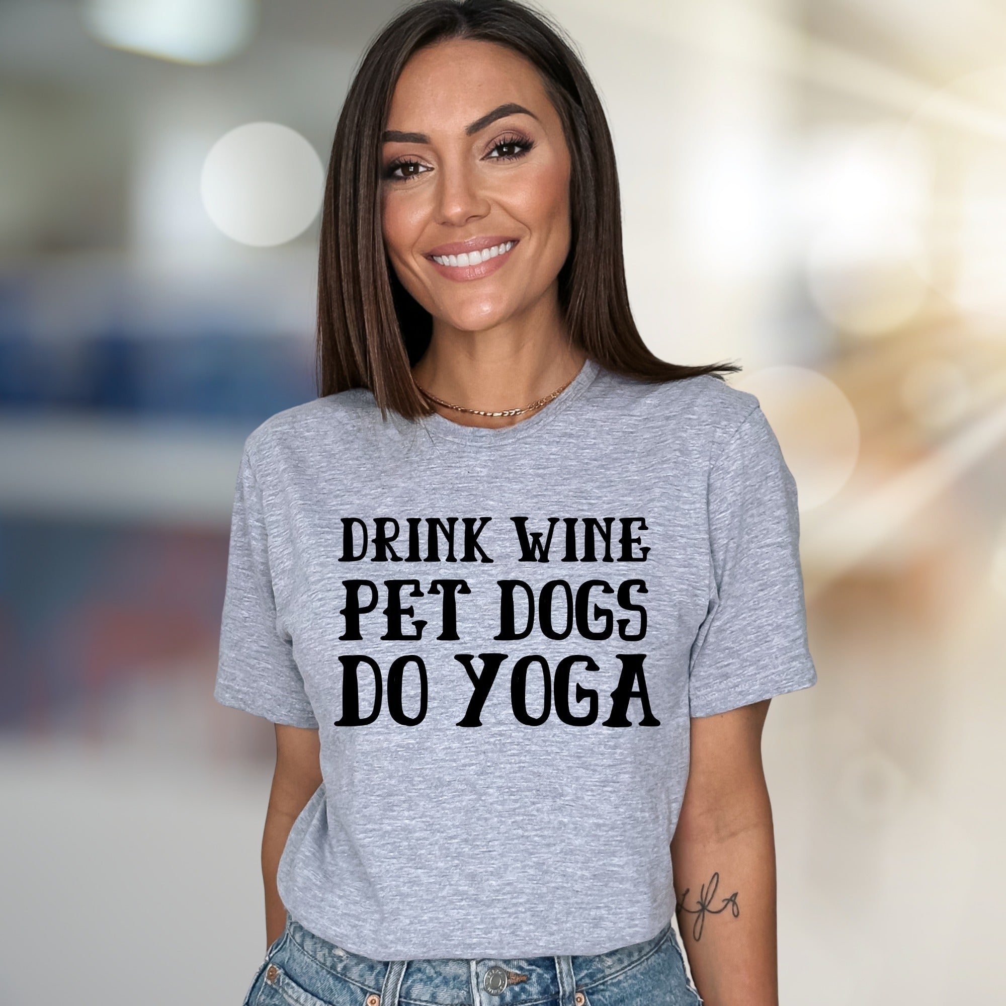 "DRINK WINE PET DOGS DO YOGA" Lifestyle Graphic Tee, a Relaxed Fit for Fun Lovers