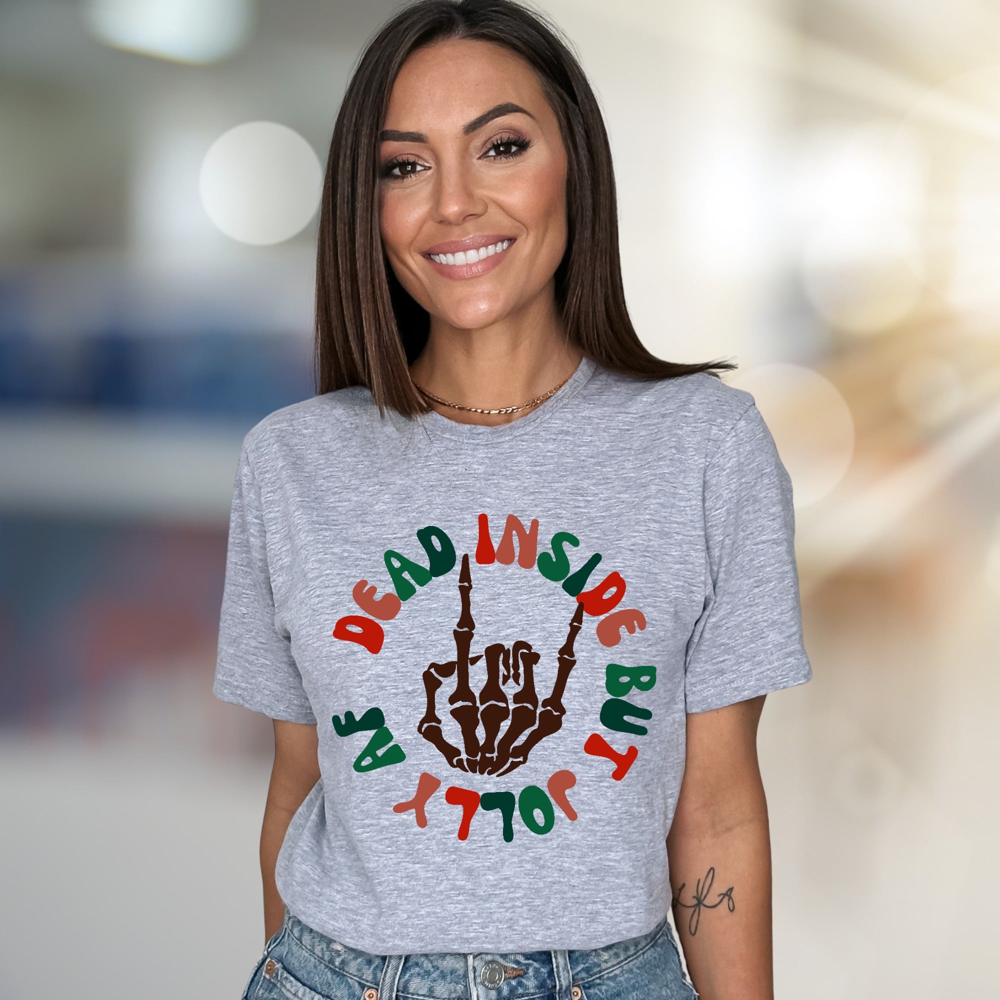 "Dead Inside But Jolly AF" Christmas Skeleton Graphic Tee, a Witty Holiday Pick for Festive Souls
