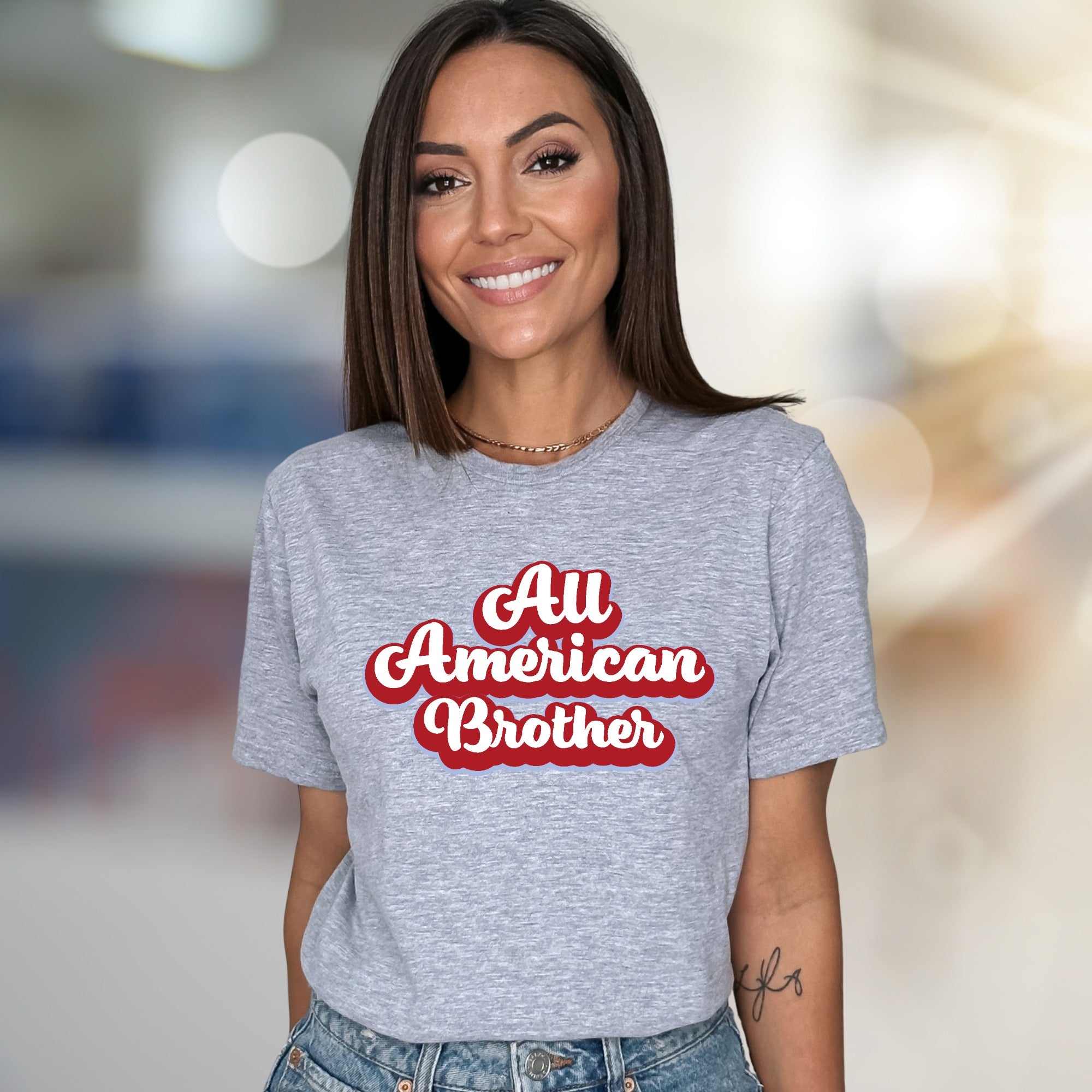 "All American Brother" Retro Script Graphic Tee, a Patriotic Pick for Family