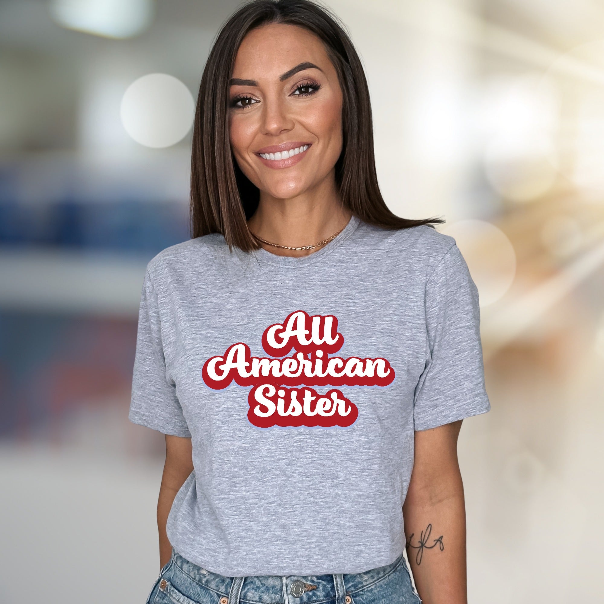 "All American Sister" Retro Graphic Tee, a Family Pride Pick for Sisters