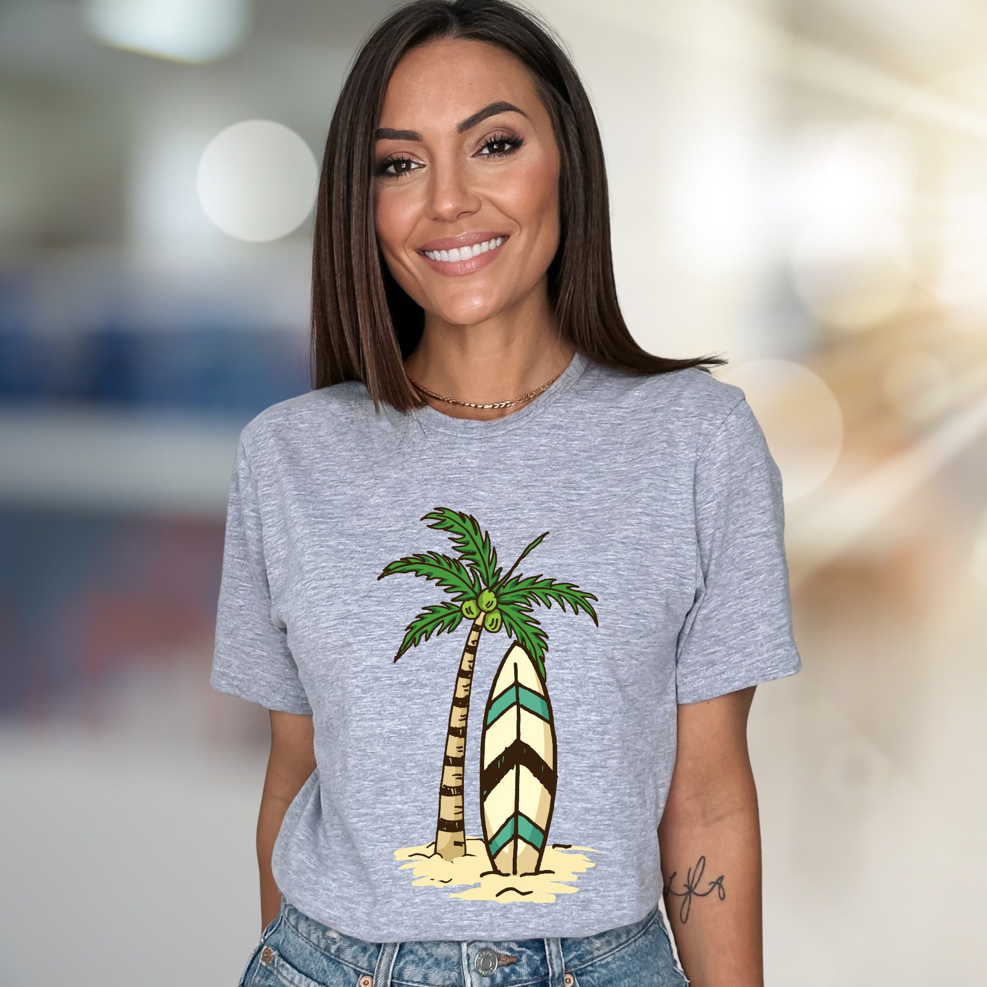 Palm Tree Surfboard Island Zen Graphic Tee, A Tropical Escape for Beach Lovers