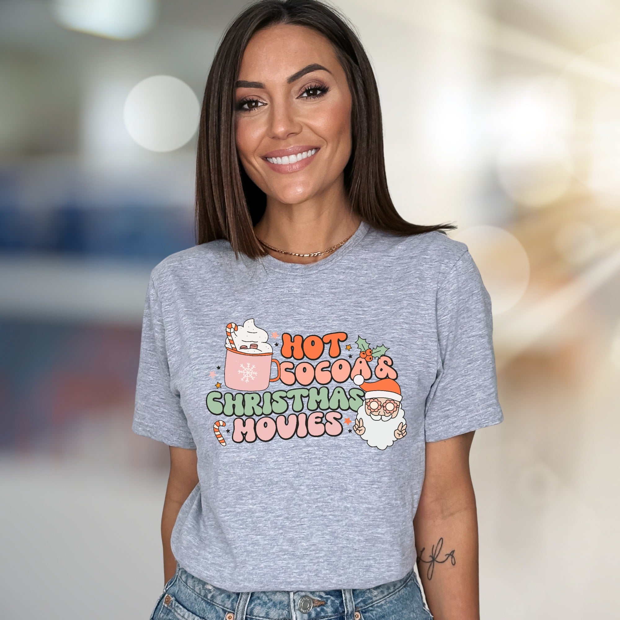 "Hot Cocoa & Christmas Movies" Retro Graphic Tee, a Festive Comfort Pick for Holiday Enthusiasts