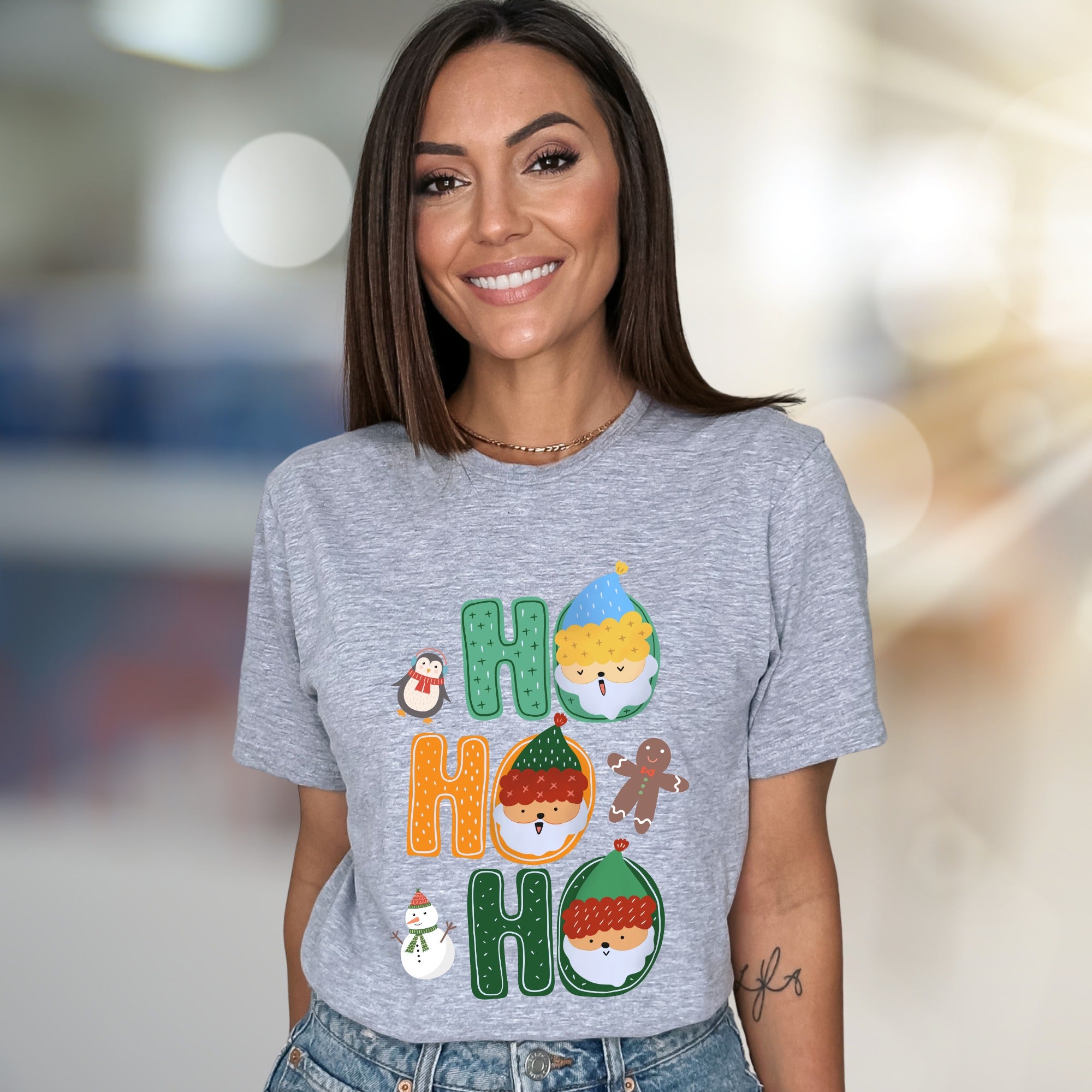"HO HO HO" Christmas Characters Graphic Tee, a Festive Holiday Pick for Merrymakers