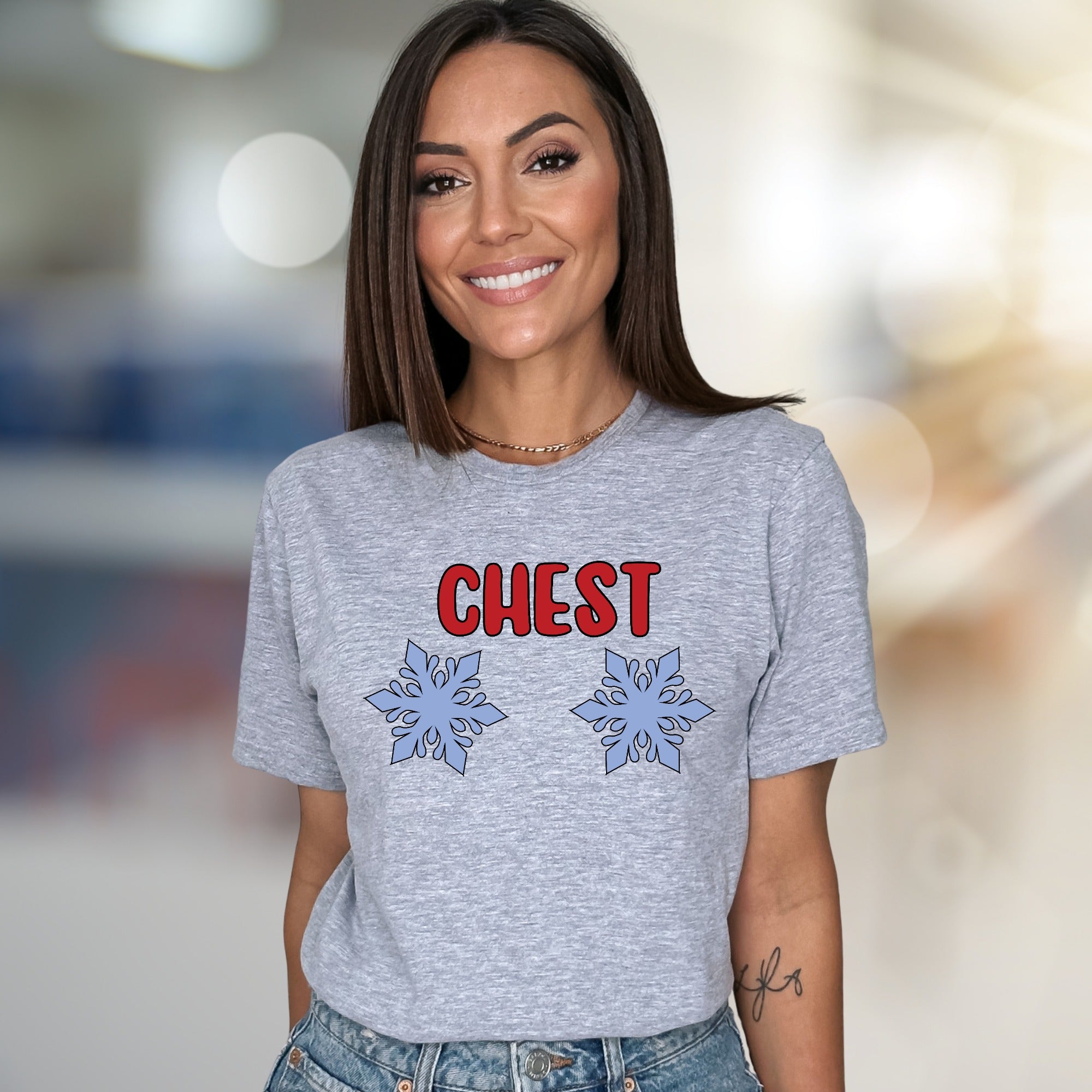 "CHEST" Snowy Snowflake Graphic Tee, a Witty Winter Pick for Fun-Lovers