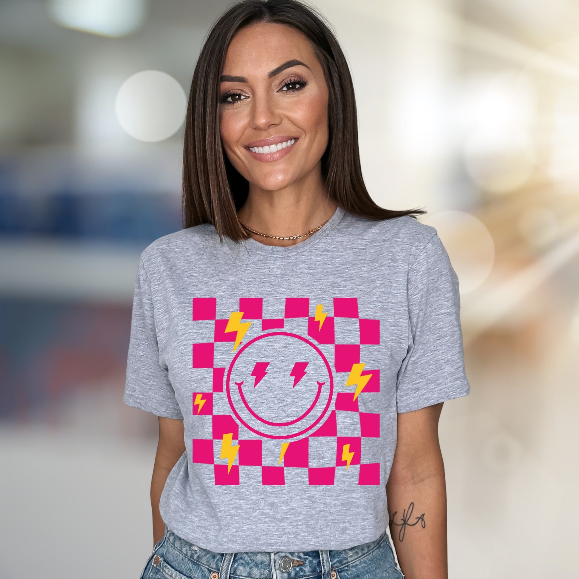 Neon Checkerboard Lightning Smiley Face Graphic Tee, a Bold Y2K Pick for Trendsetters