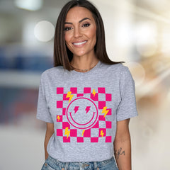Neon Checkerboard Lightning Smiley Face Graphic Tee, a Bold Y2K Pick for Trendsetters