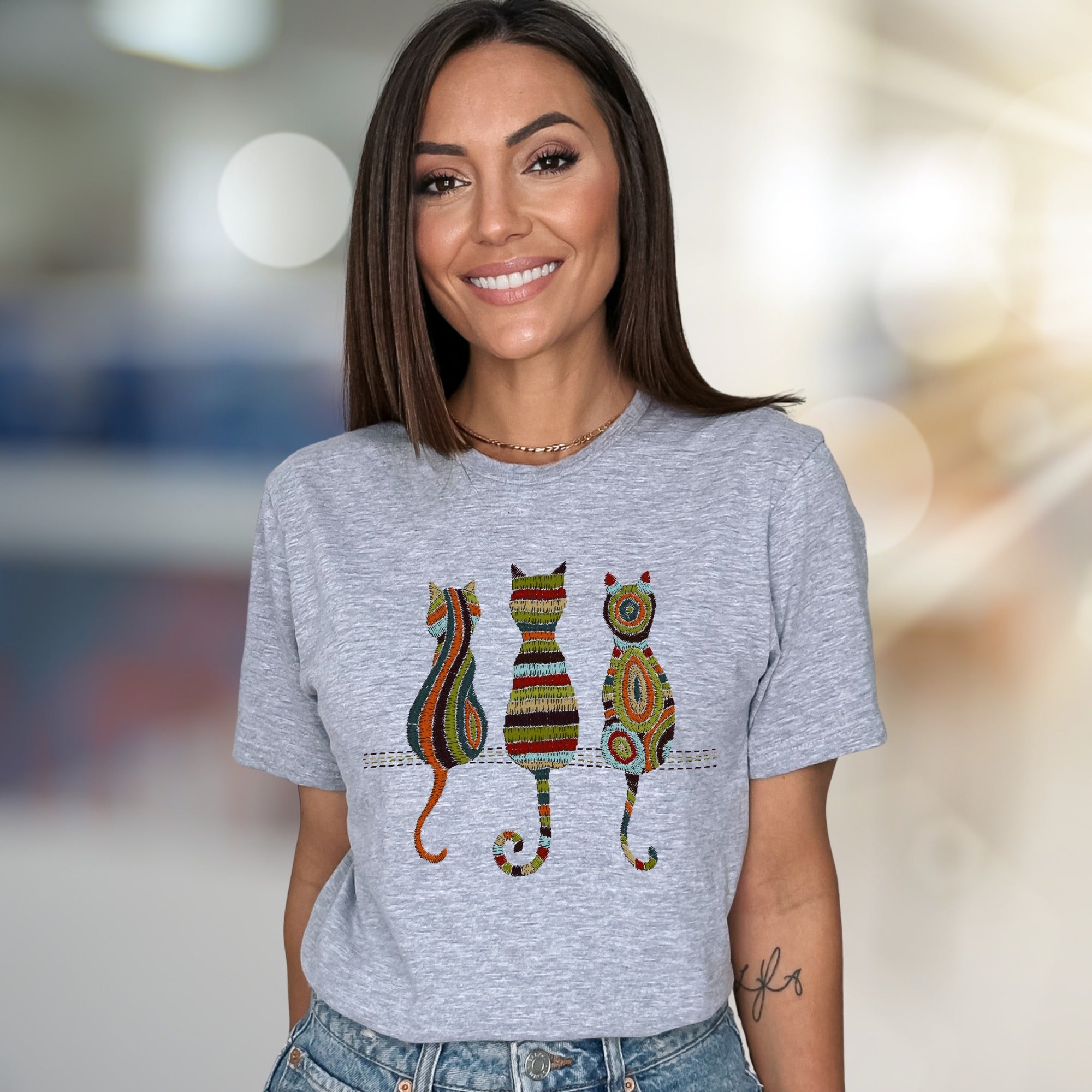 Abstract Cat Trio Art Graphic Tee, A Bohemian Chic Pick for Feline Lovers