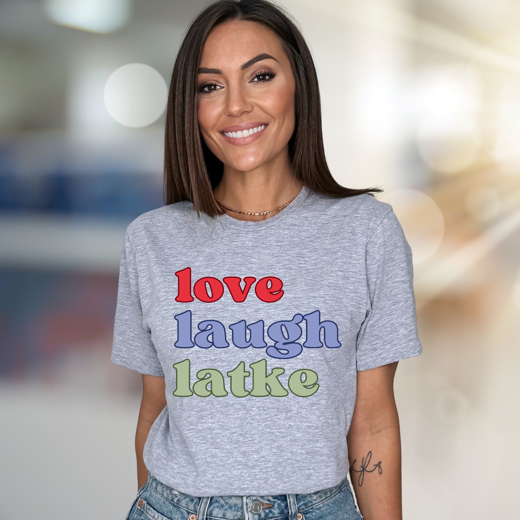 "love laugh latke" Whimsical Foodie Graphic Tee, a Humorous Pick for Latke Lovers