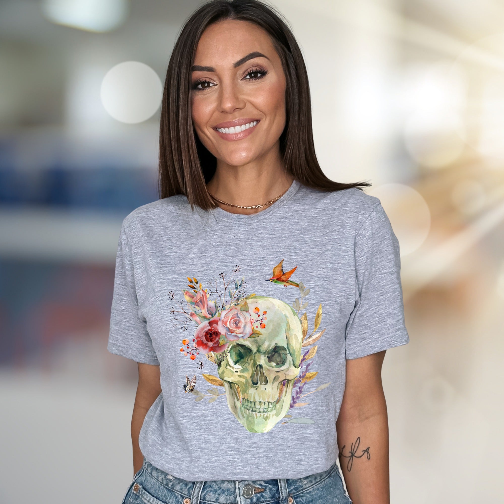 Floral Skull Watercolor Graphic Tee, a Nature-Inspired Pick for Art Lovers