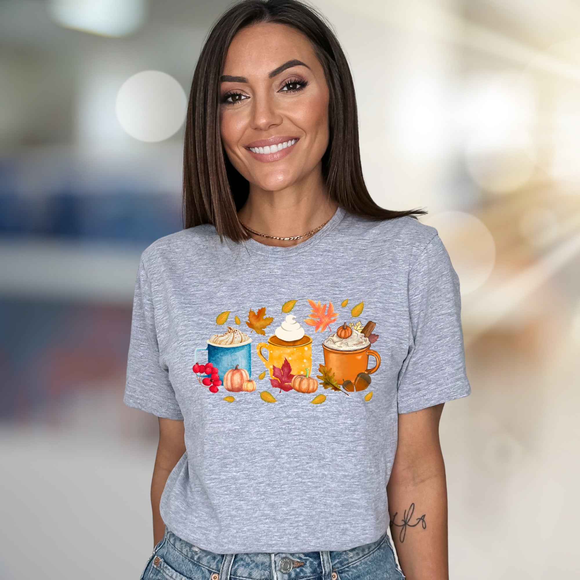 Autumn Coffee Mug Collage Graphic Tee, a Cozy Fall Fashion Pick for PSL Lovers