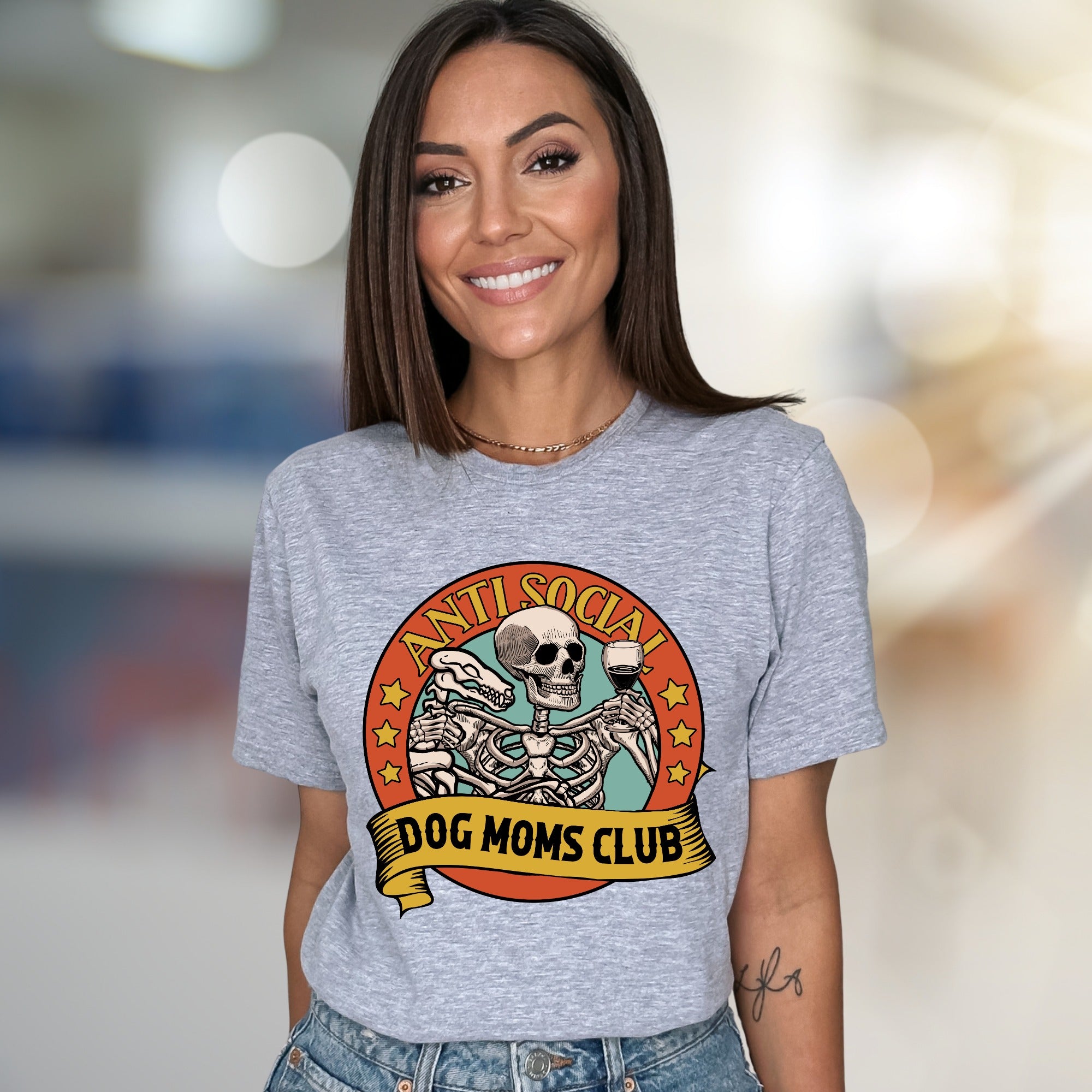 "Anti Social Dog Moms Club" Skeleton Graphic Tee, a Witty Pick for Dog Lovers