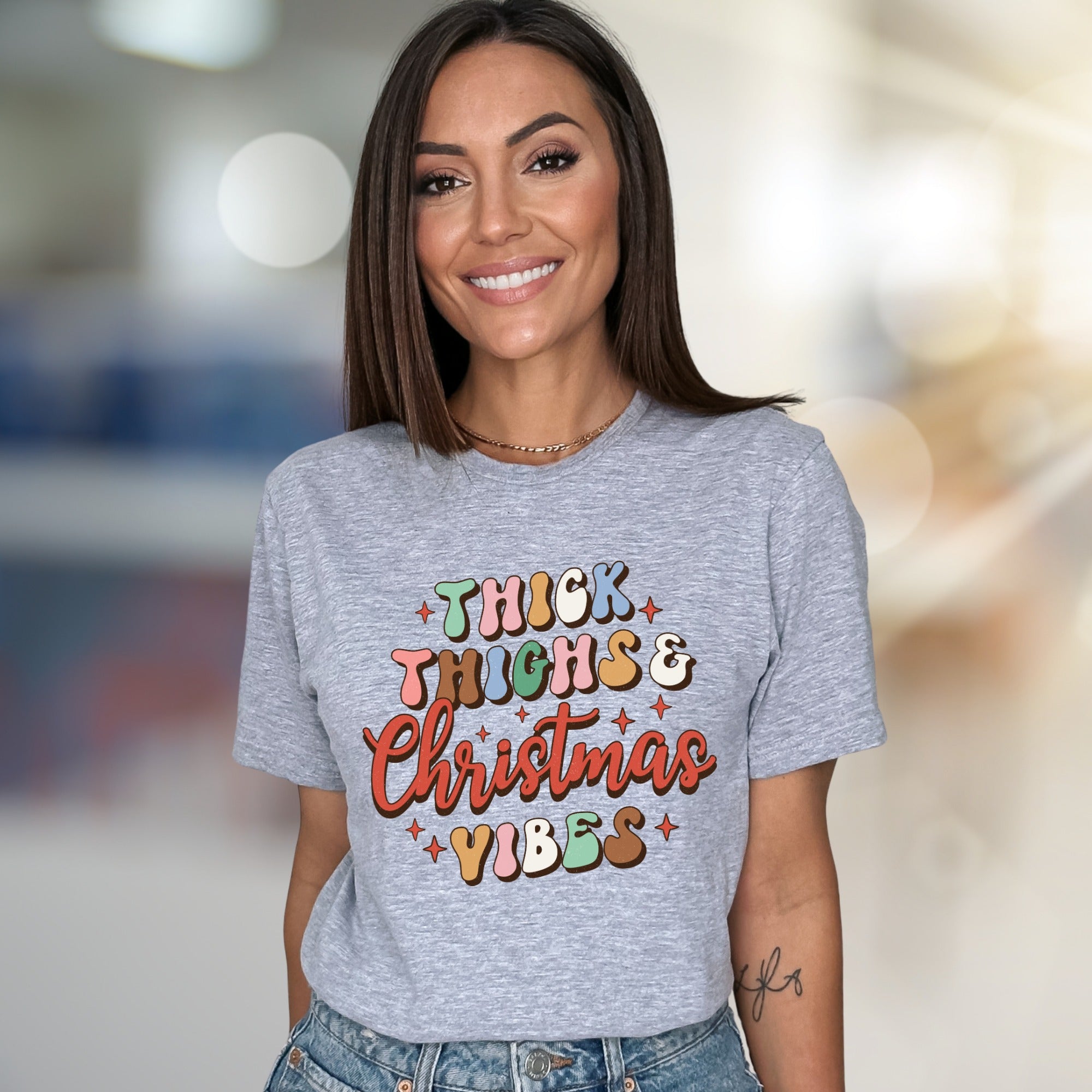 "Thick Thighs & Christmas Vibes" Retro Graphic Tee, a Festive Niche for Holiday Enthusiasts