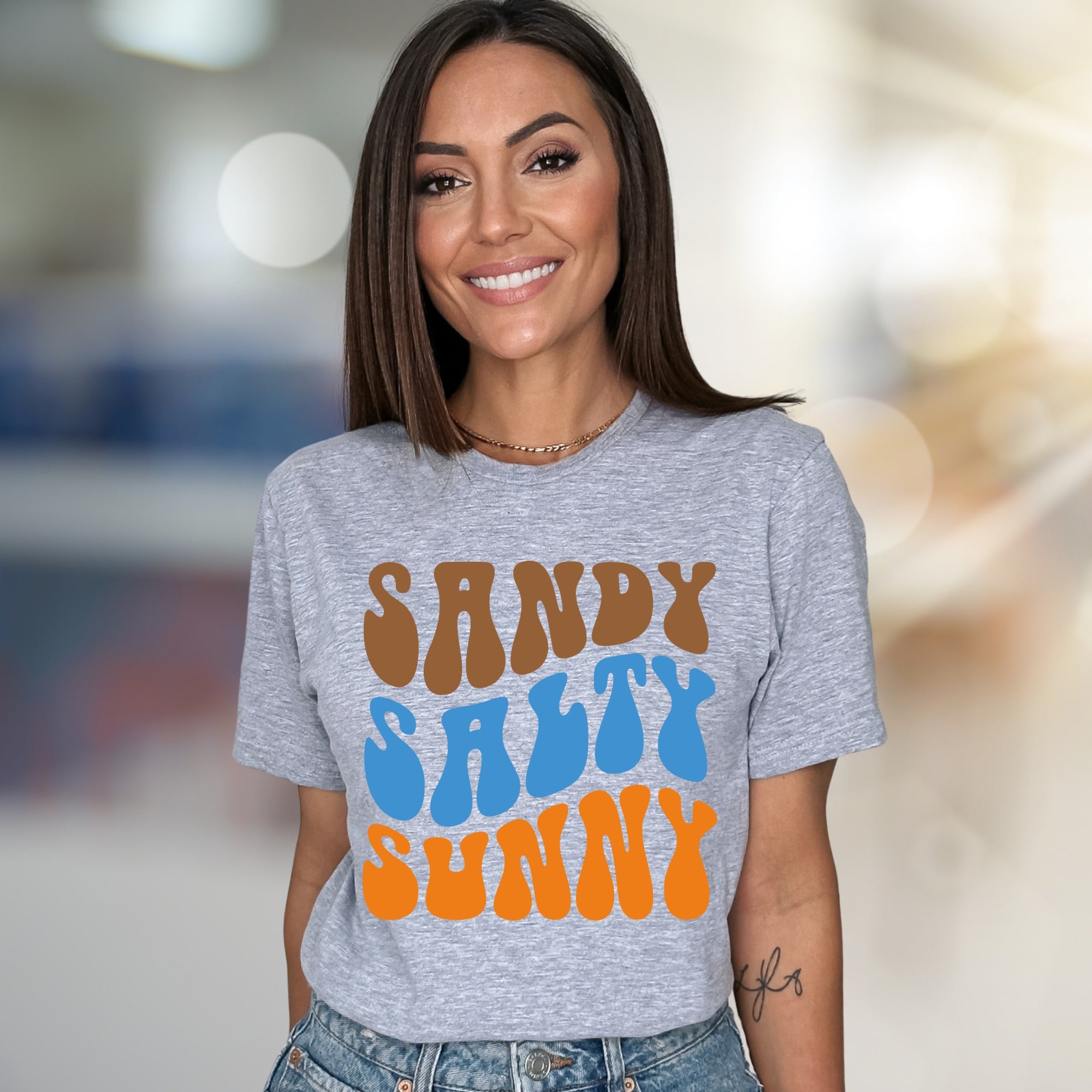 "Sandy Salty Sunny" Retro Summer Graphic Tee, a Beach Lover's Relaxed Pick