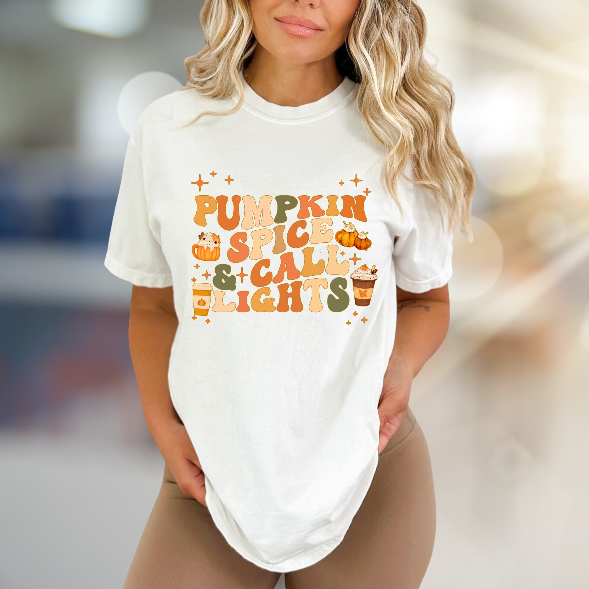 "Pumpkin Spice & Call Lights" Retro Fall Graphic Tee, a Seasonal Comfort Pick for Autumn Lovers
