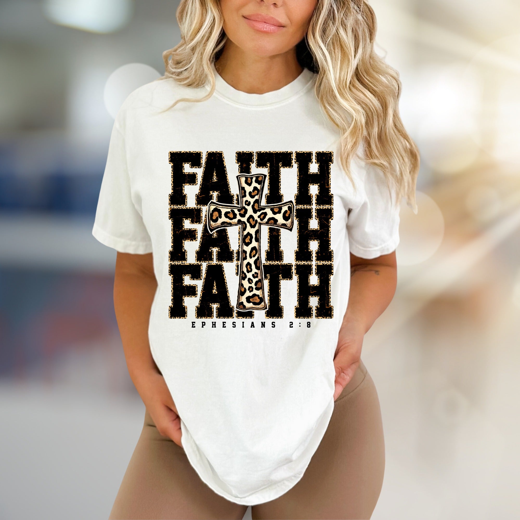 "Faith Ephesians 2:8" Leopard Print Cross Graphic Tee, a Spiritual Boho Pick for Believers