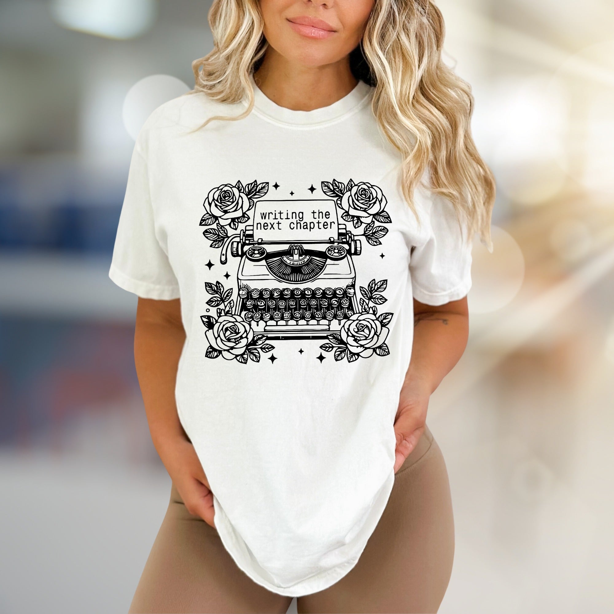 "Writing The Next Chapter" Typewriter Graphic Tee, a Creative Literary Pick for Authors