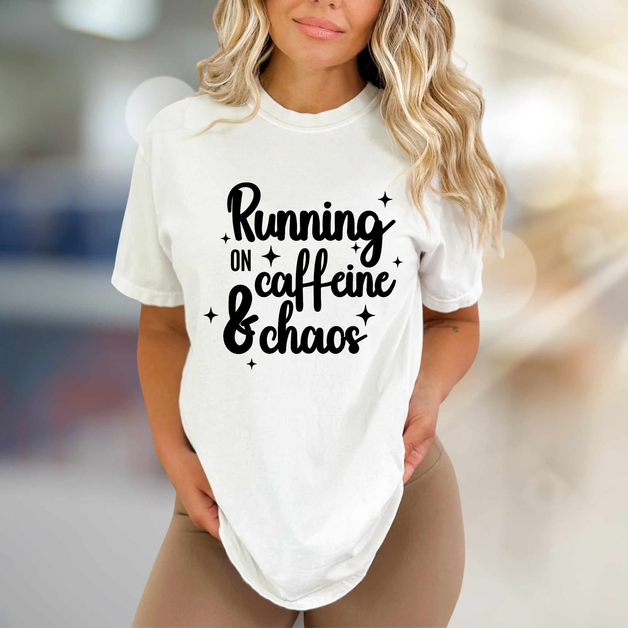 "Running on Caffeine & Chaos" Graphic Tee, a Witty Pick for Coffee Lovers