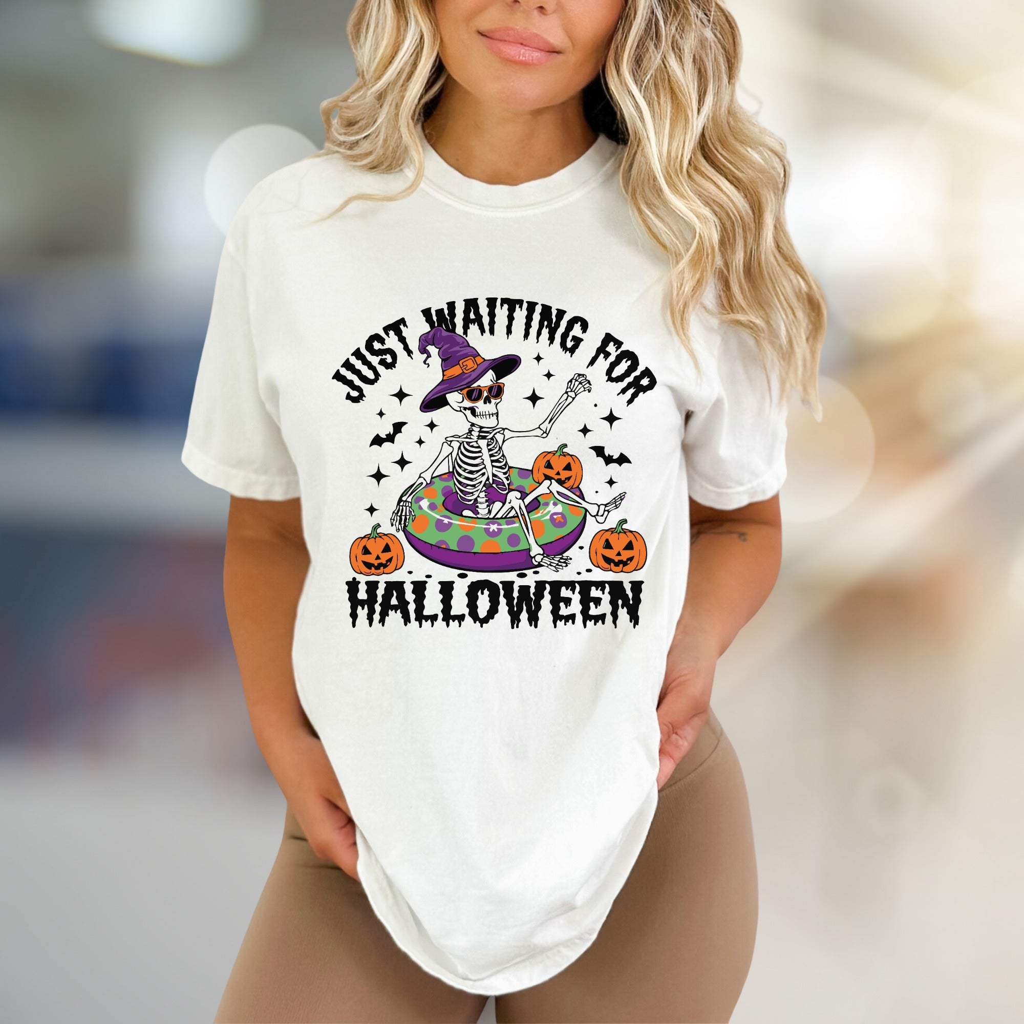 "JUST WAITING FOR HALLOWEEN" Spooky Skeleton Graphic Tee, a Funny Holiday Pick for Spooky Season Lovers