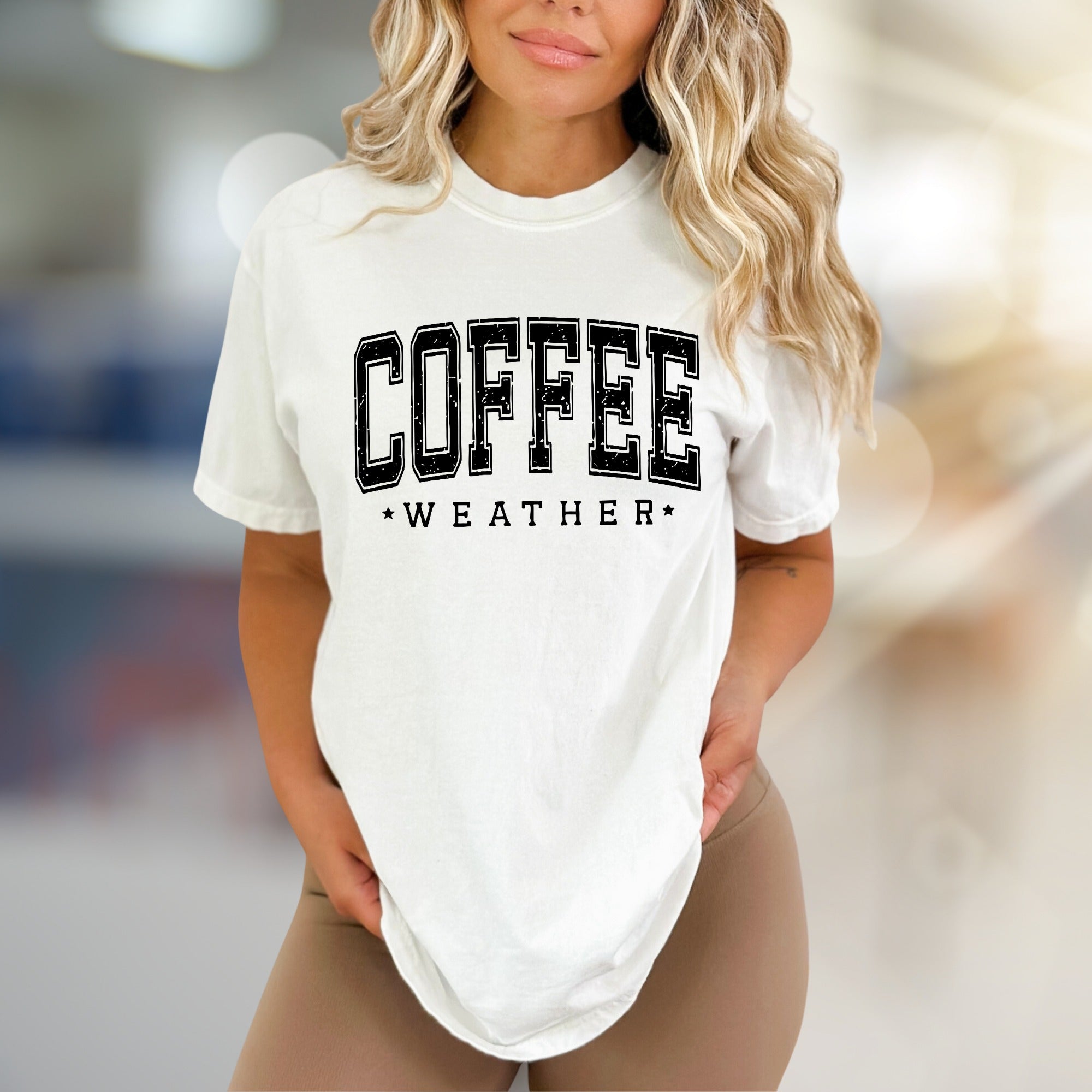 "Coffee Weather" Rustic Collegiate Graphic Tee, a Cozy Pick for Beverage Lovers
