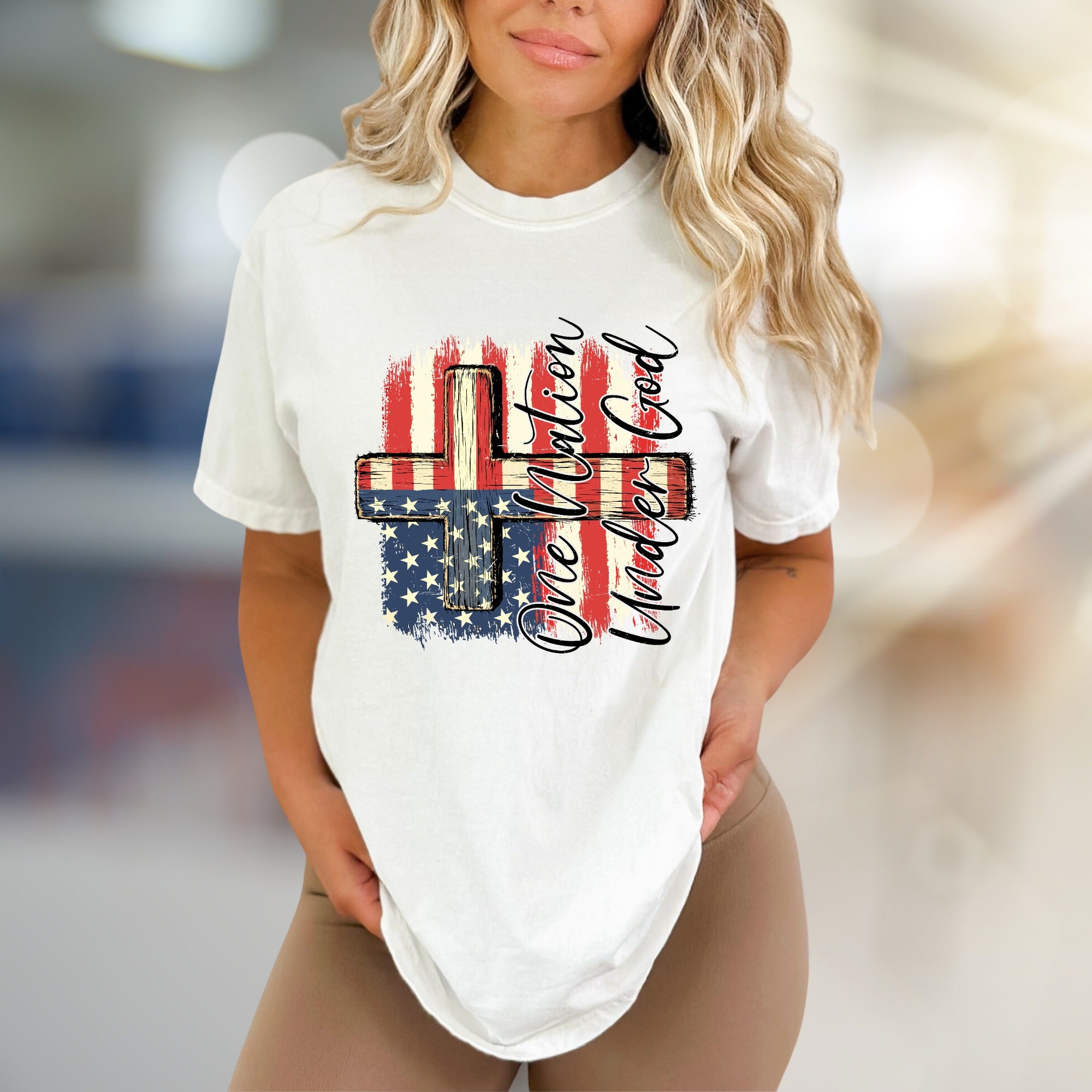 "One Nation Under God" Distressed Flag Cross Tee, a Patriotic Faith Statement