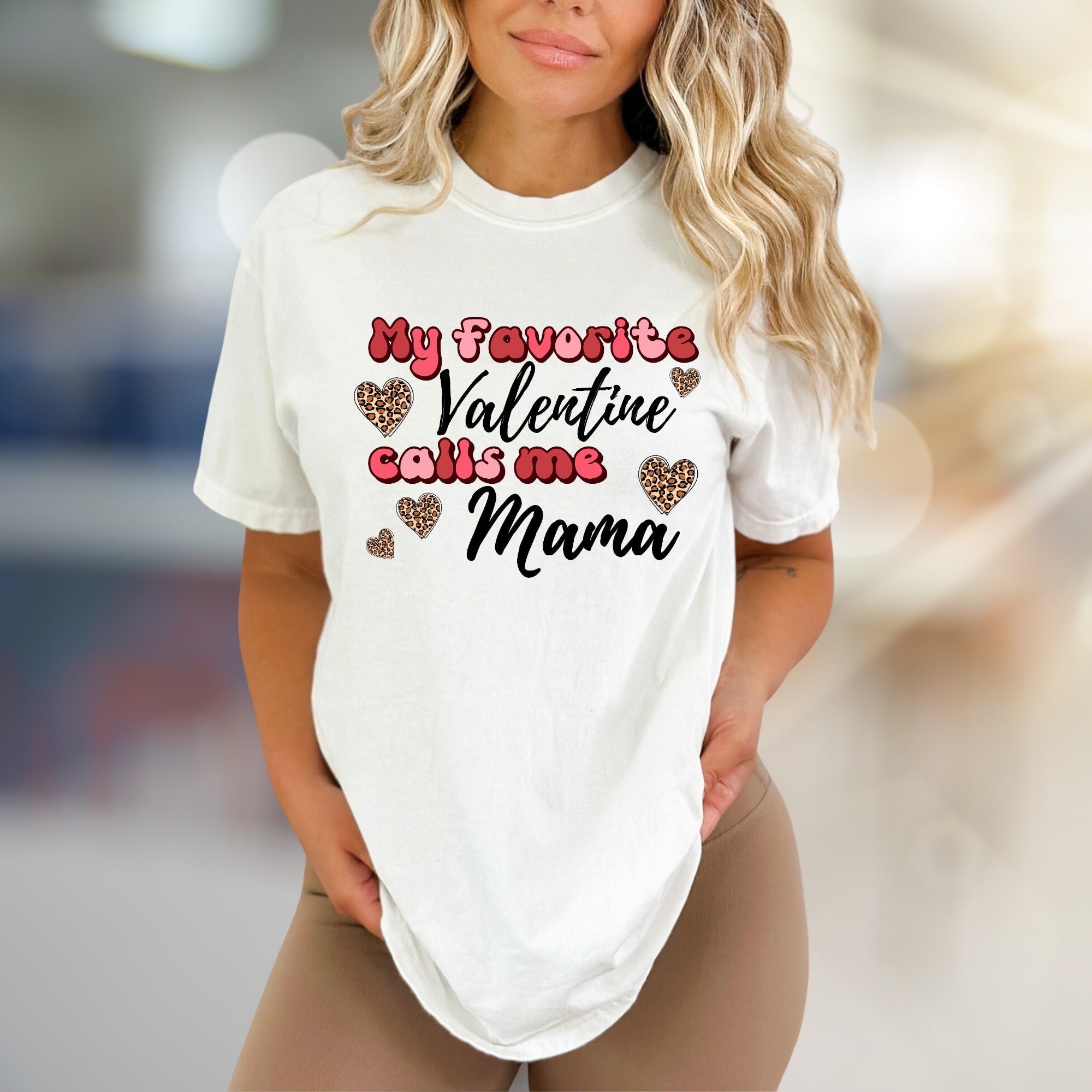 "My Favorite Valentine Calls Me Mama" Leopard Hearts Graphic Tee, a Sweet Gift for Moms