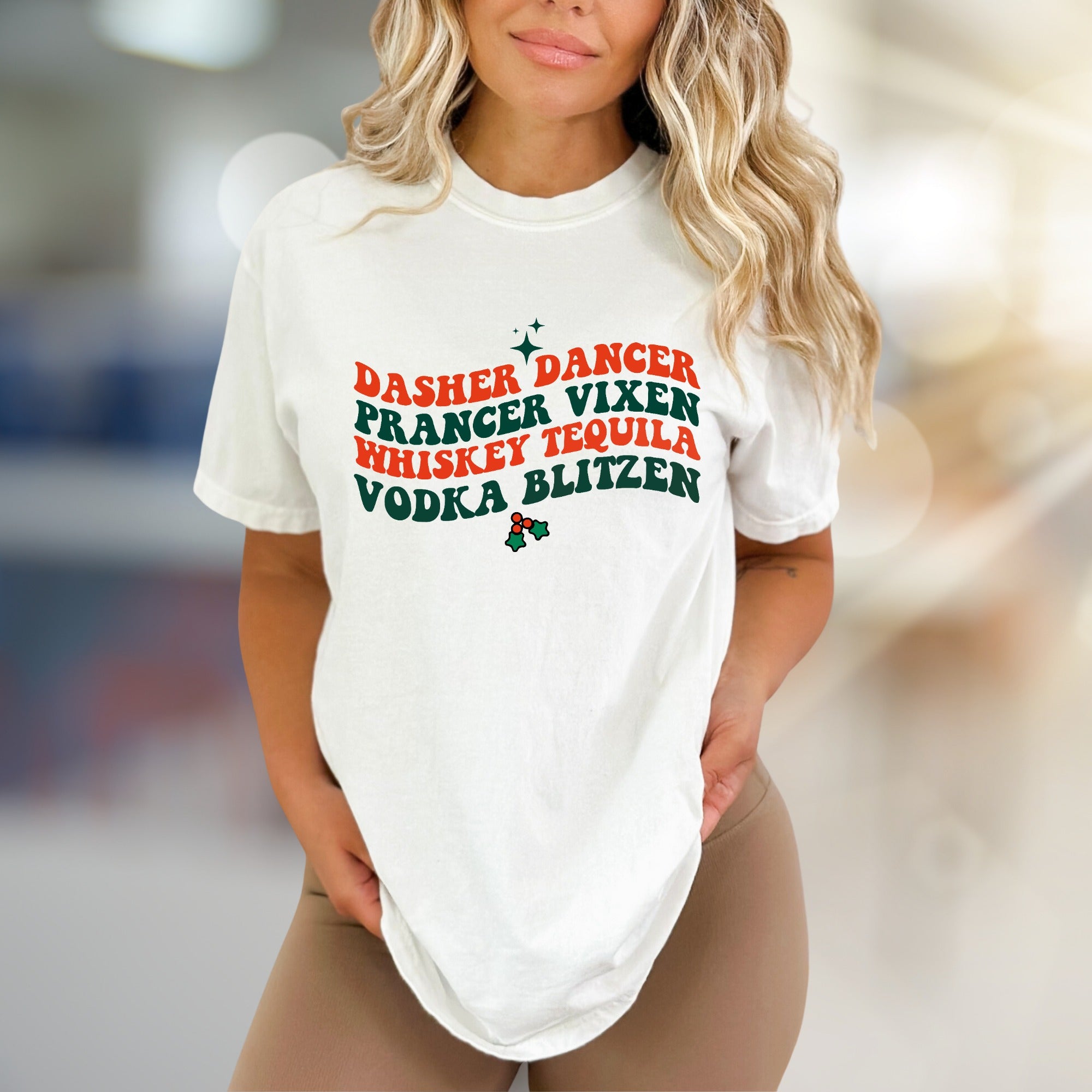 "Dasher Dancer Vixen Whiskey Tequila Vodka Blitzen" Festive Graphic Tee, a Holiday Humor Pick for Party-Goers