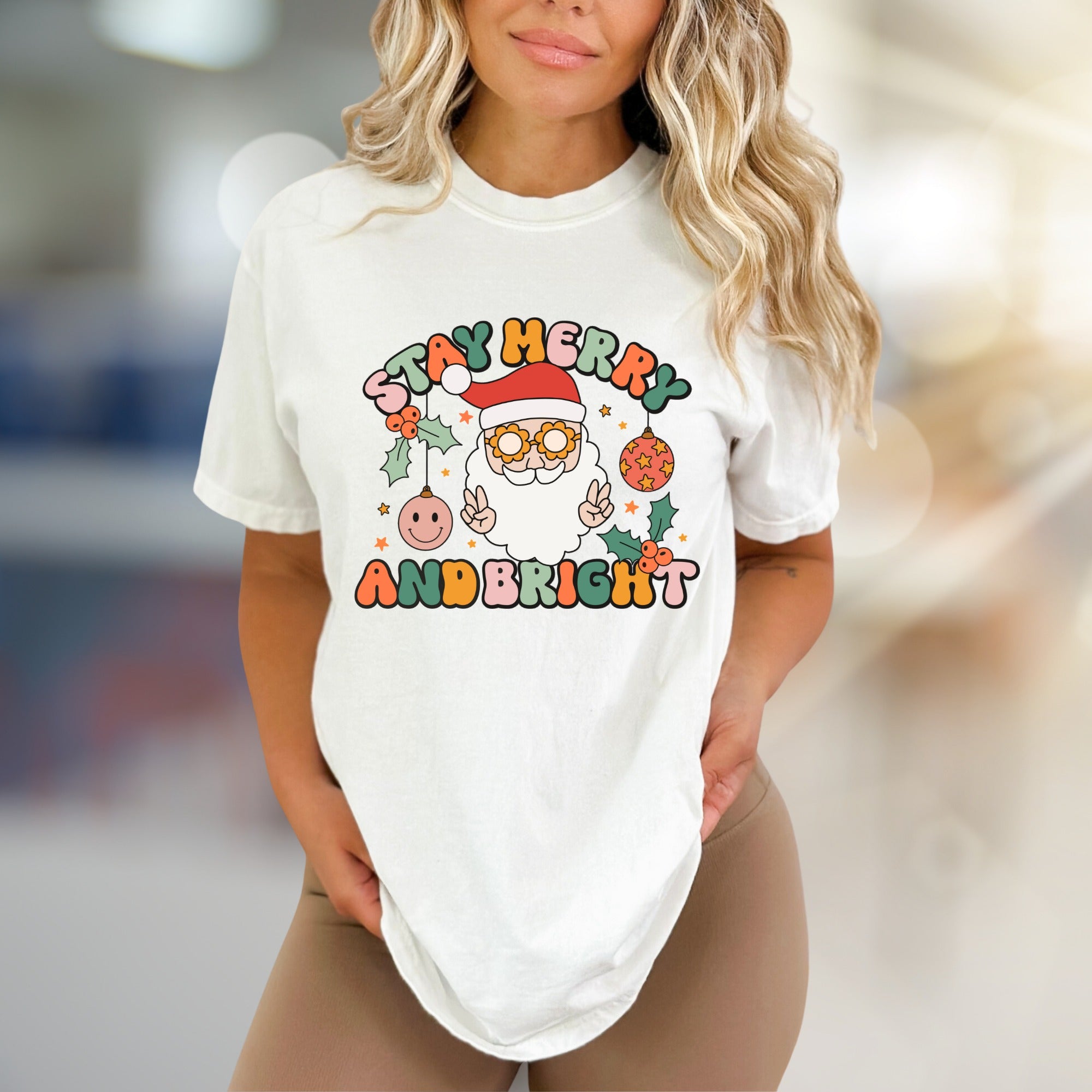Stay Merry And Bright Santa Graphic Tee, A Retro Christmas Pick for Holiday Lovers
