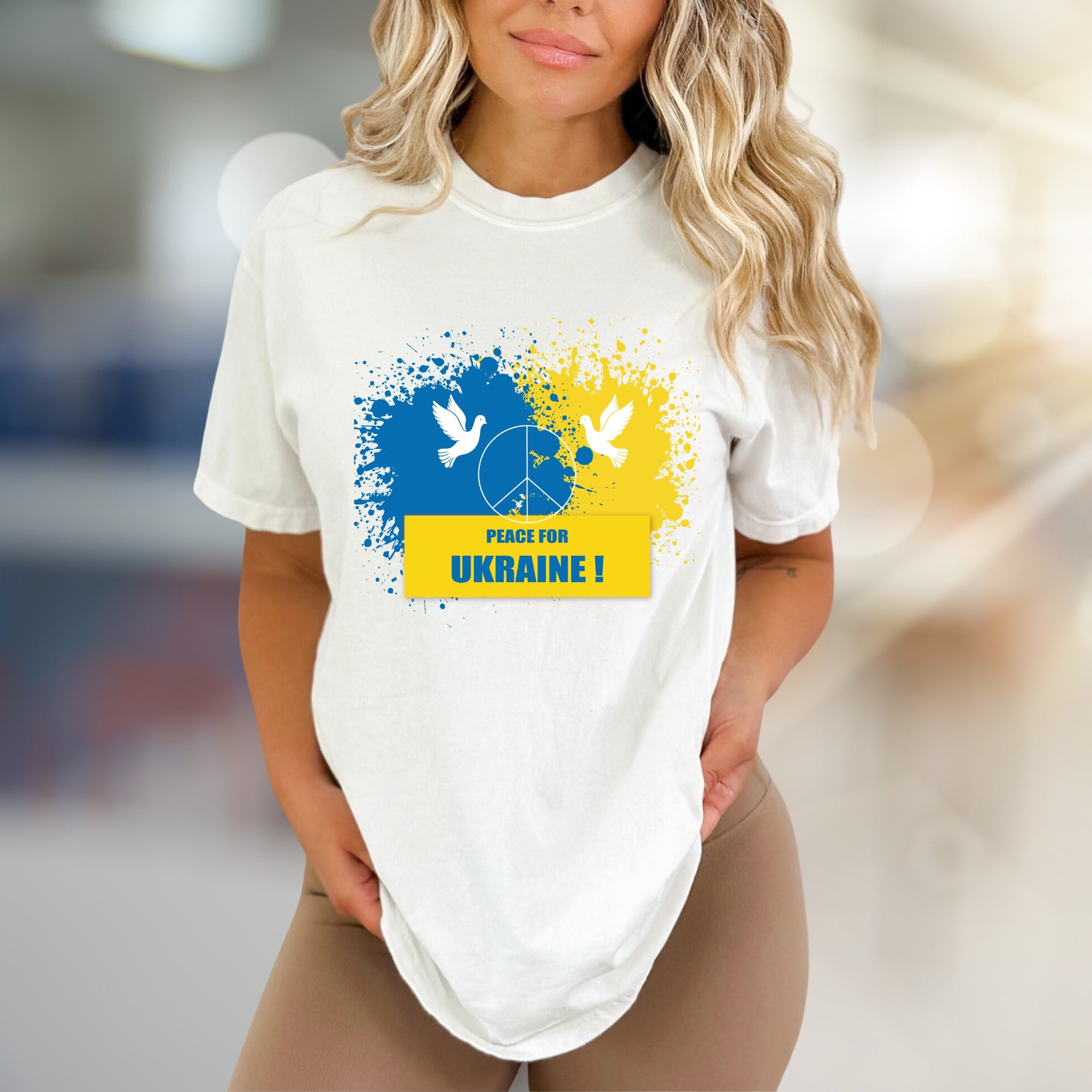 "Peace for Ukraine!" Splatter Peace Tee, a Statement Piece for Advocates