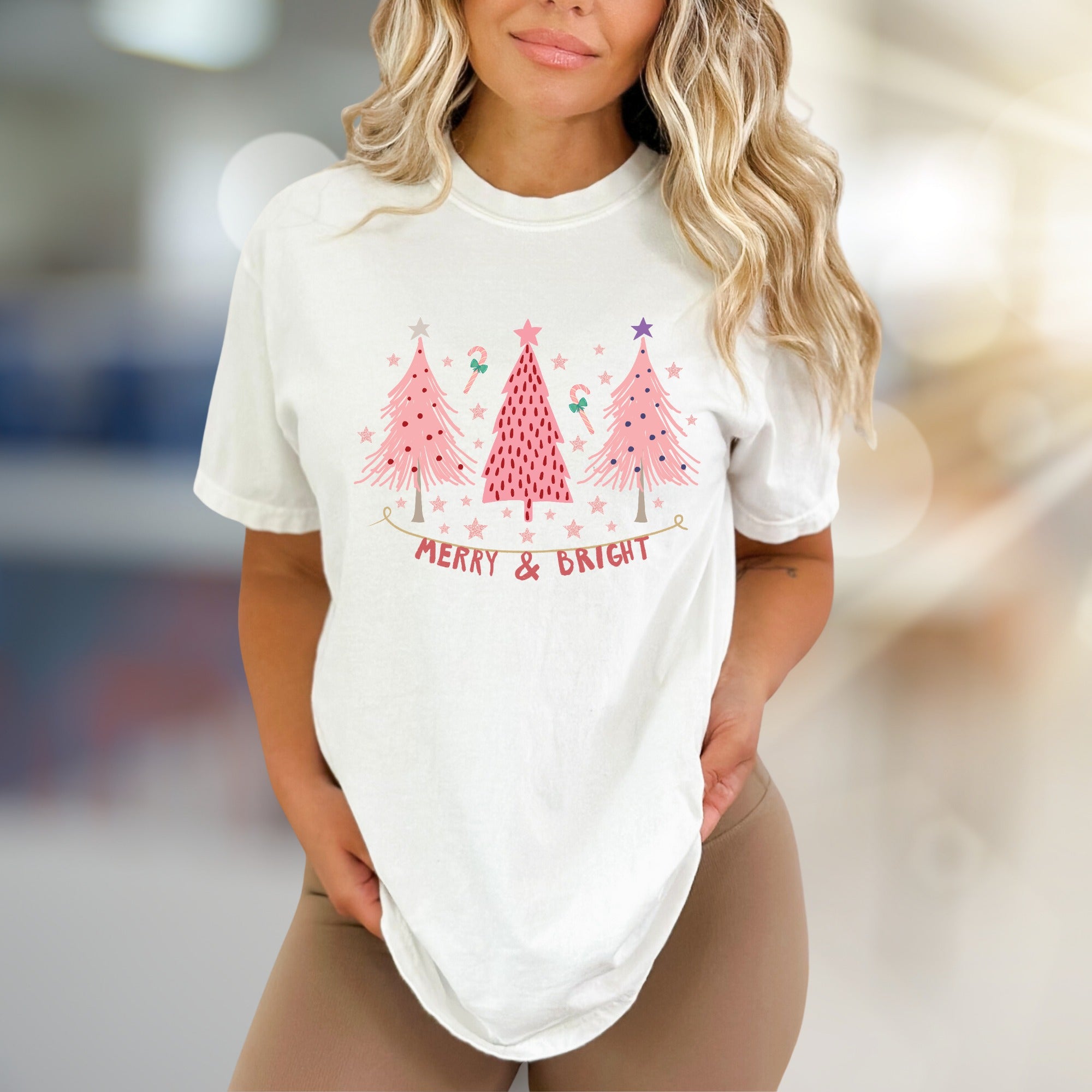 "Merry & Bright" Festive Christmas Trees Graphic Tee, a Whimsical Pick for Holiday Enthusiasts