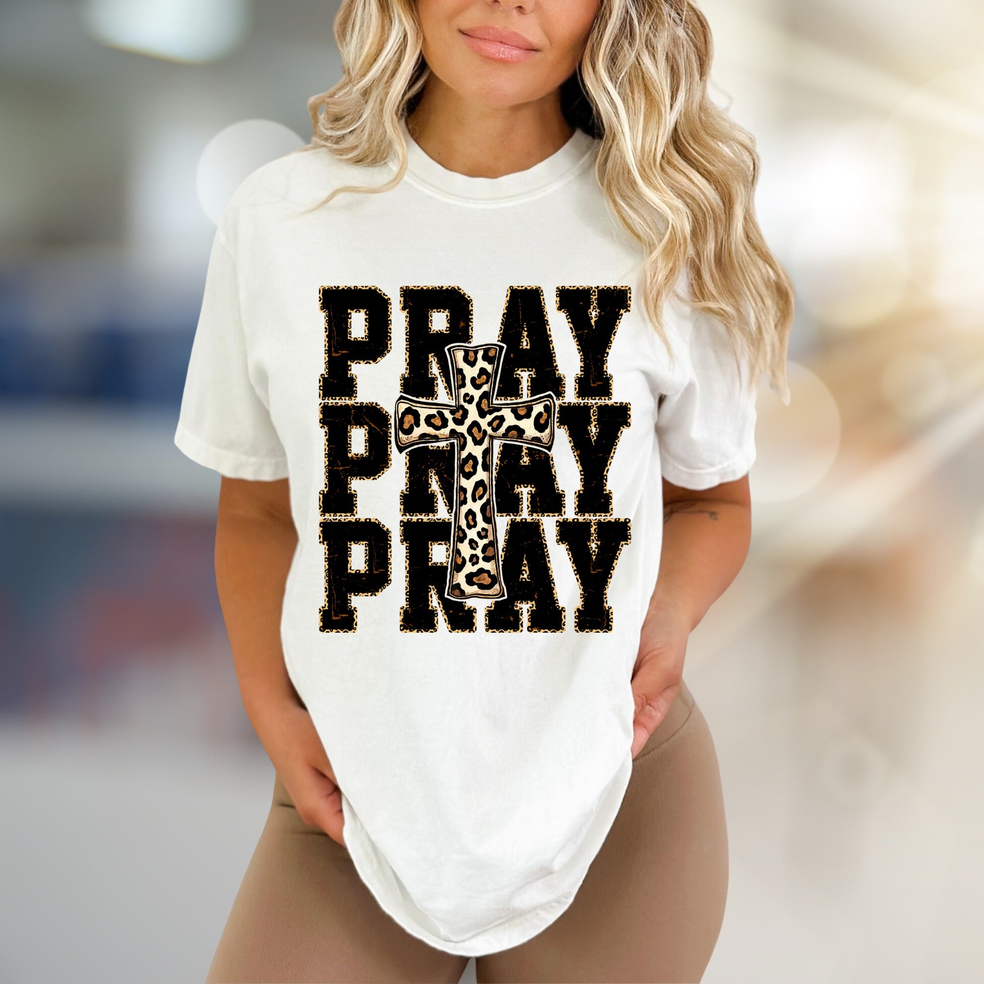 "PRAY" Leopard Print Cross Graphic Tee, a Faith-Inspired Western Pick for Her