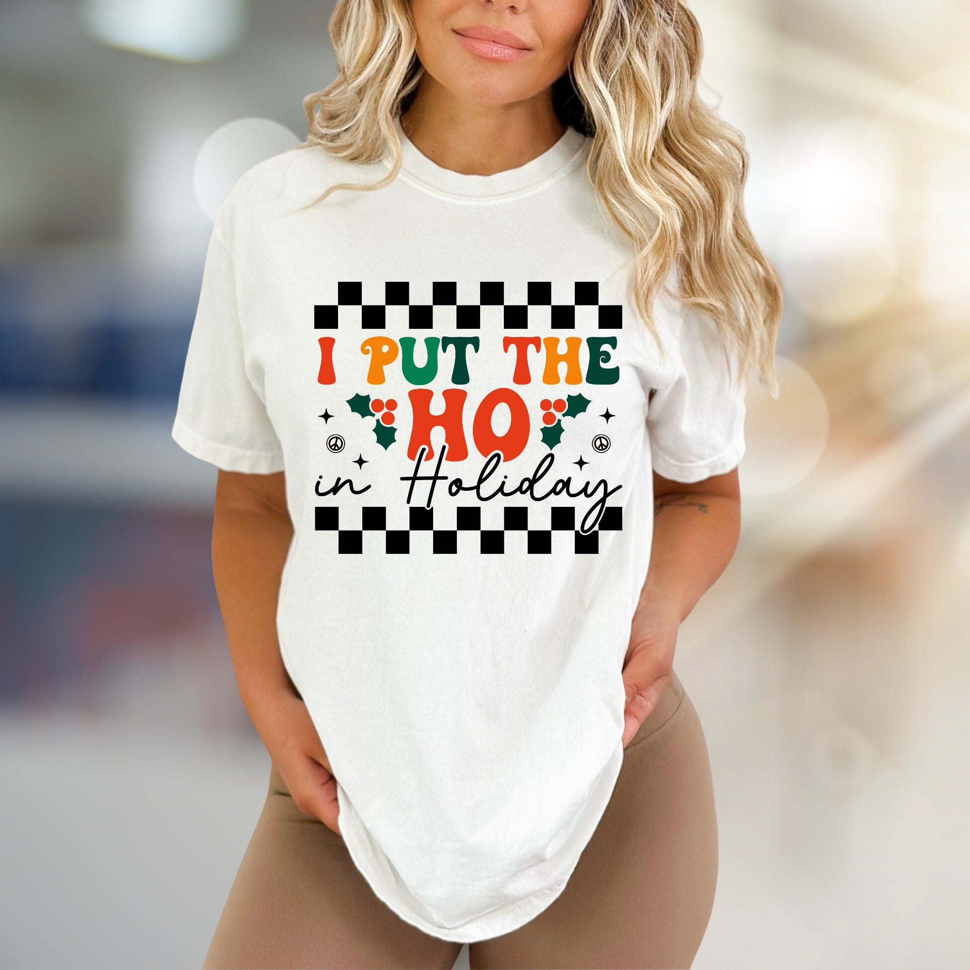"I Put The Ho In Holiday" Checkerboard Graphic Tee, a Fun & Festive Statement