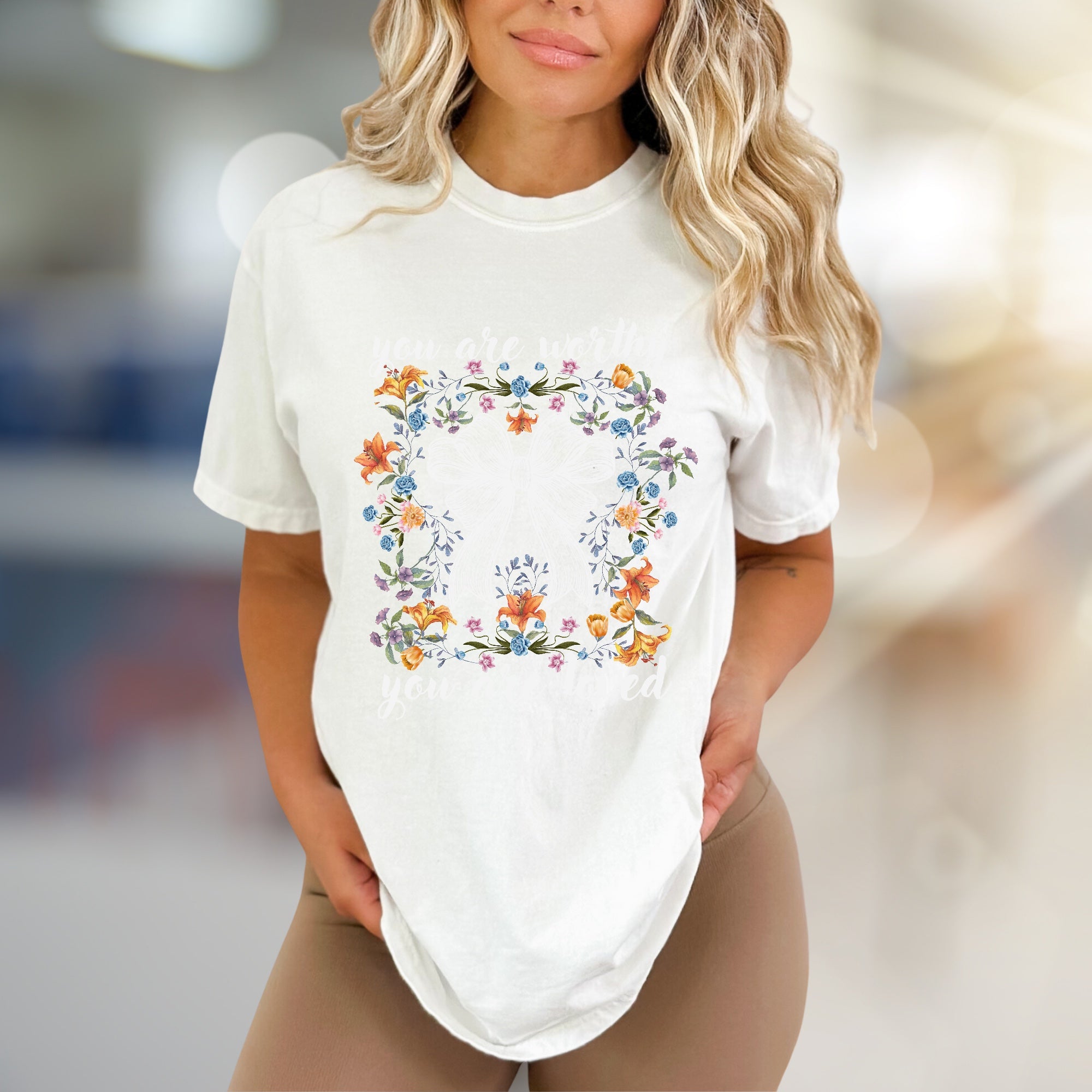 "You Are Worthy, You Are Loved" Floral Bow Graphic Tee, a Self-Love Pick for Women