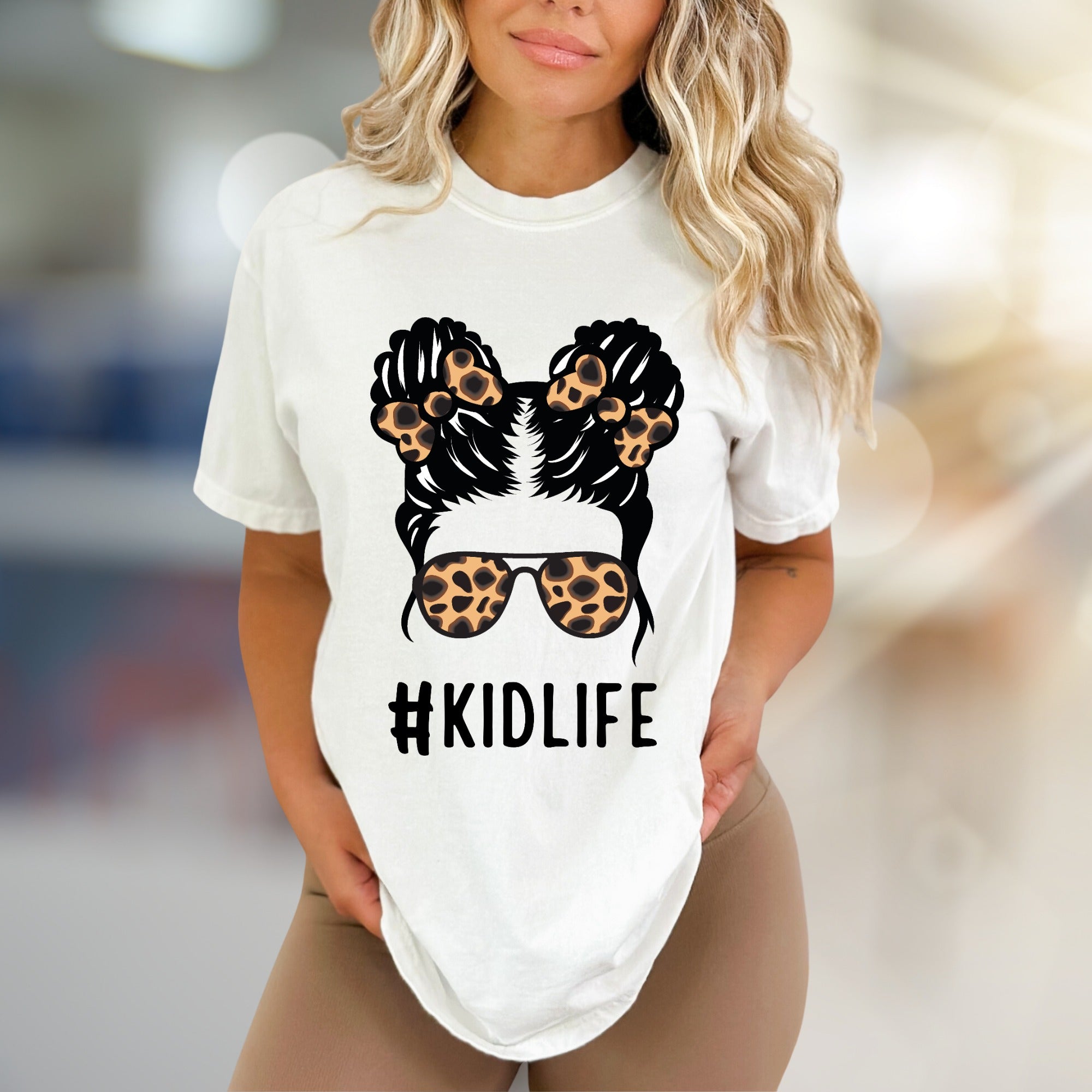 #KIDLIFE Messy Hair Bun Leopard Sunglasses Graphic Tee, a Mom Life Pick for Parents