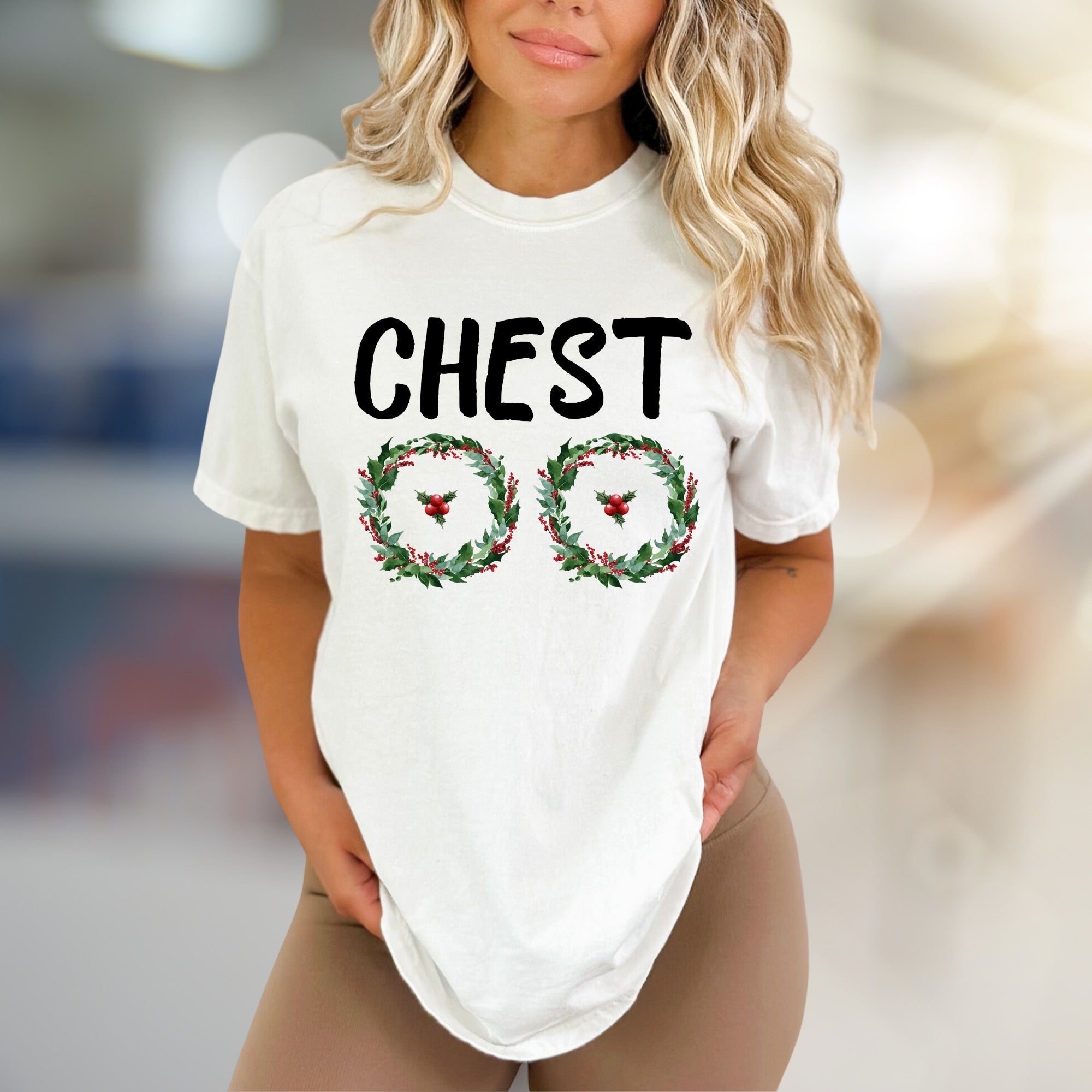 "CHEST" Holiday Wreaths Graphic Tee, a Festive Fun Pick for Christmas Parties