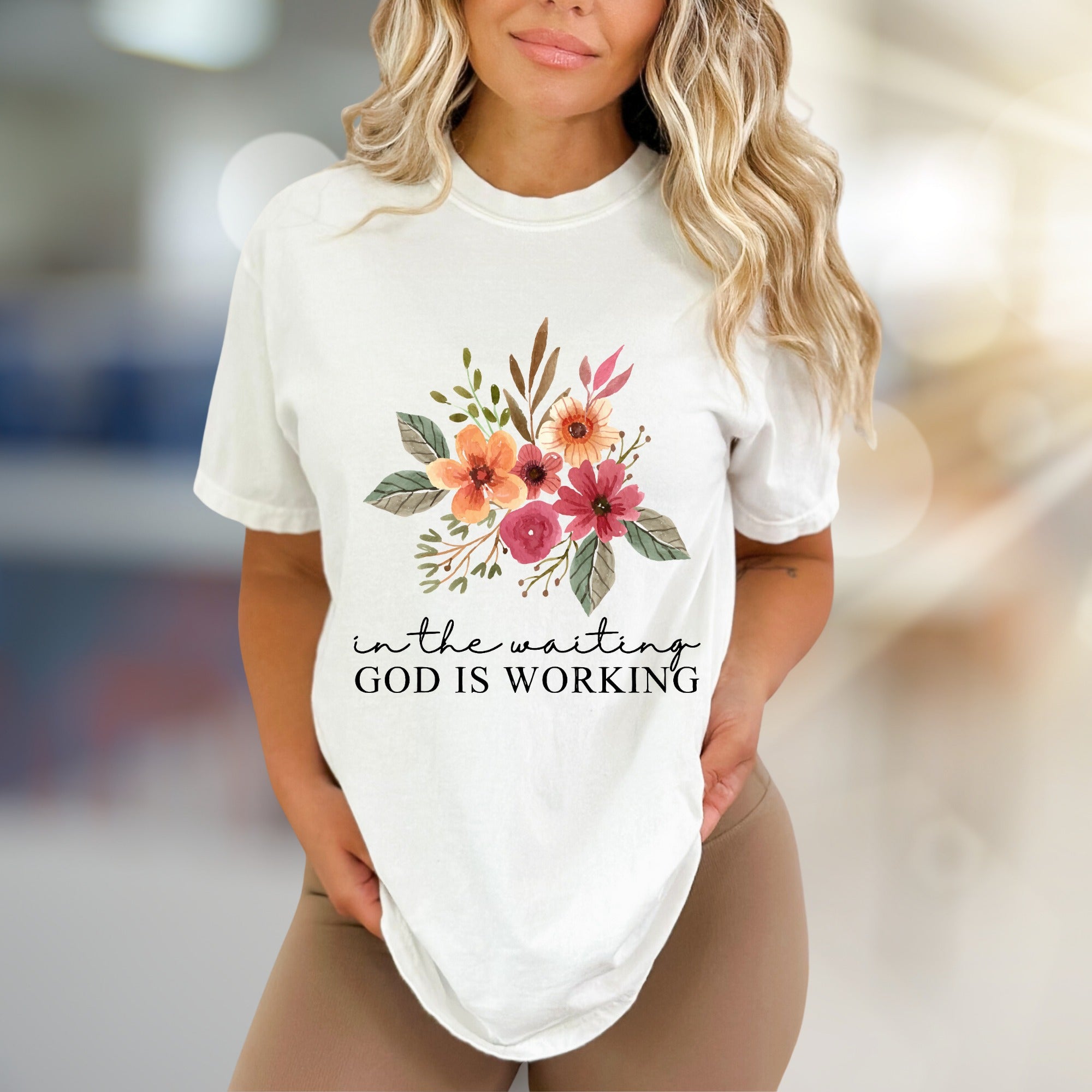 "In The Waiting God Is Working" Floral Graphic Tee, A Faith-Inspired Pick for Believers