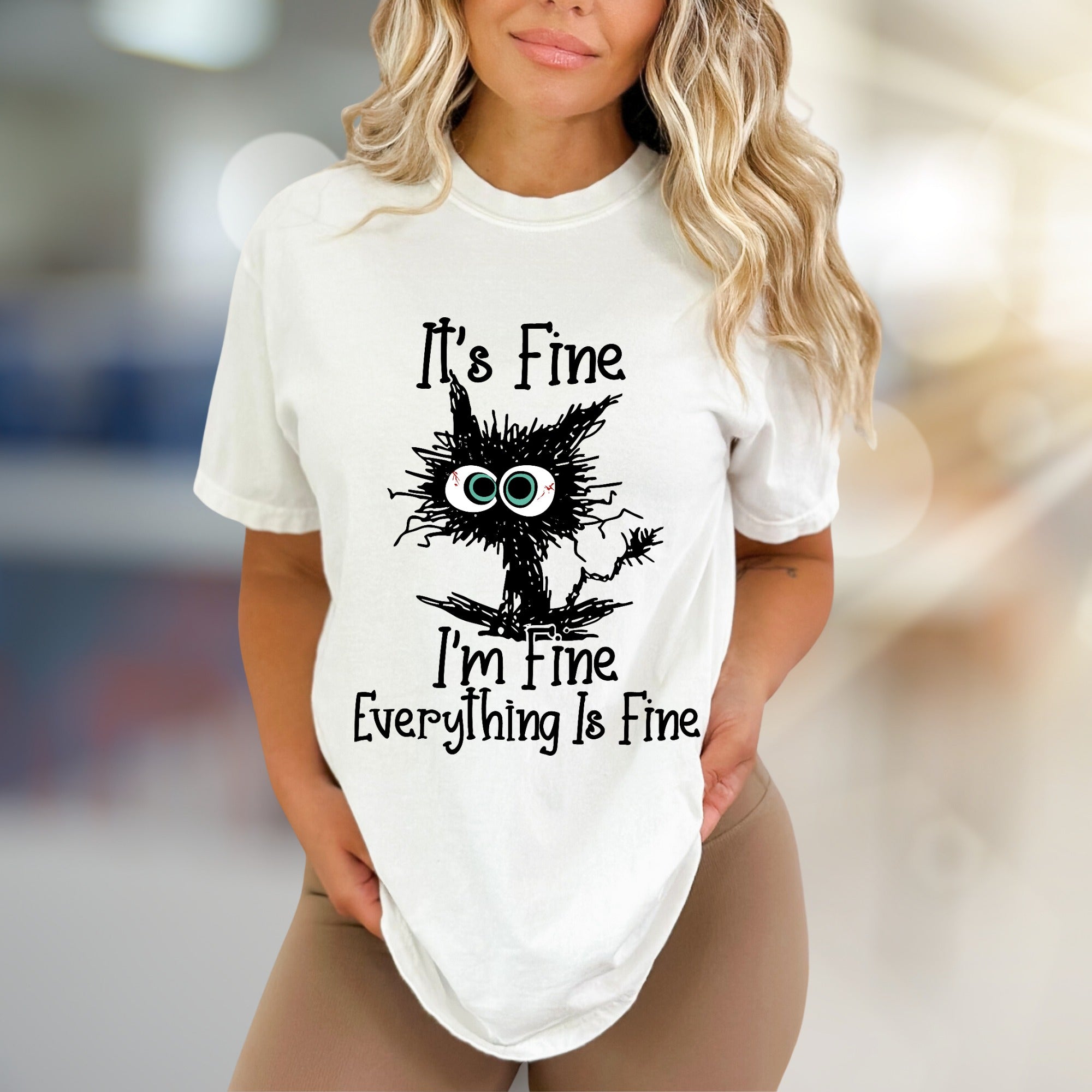 "It's Fine I'm Fine Everything Is Fine" Funny Cat Graphic Tee, a Witty Pick for Humor Lovers