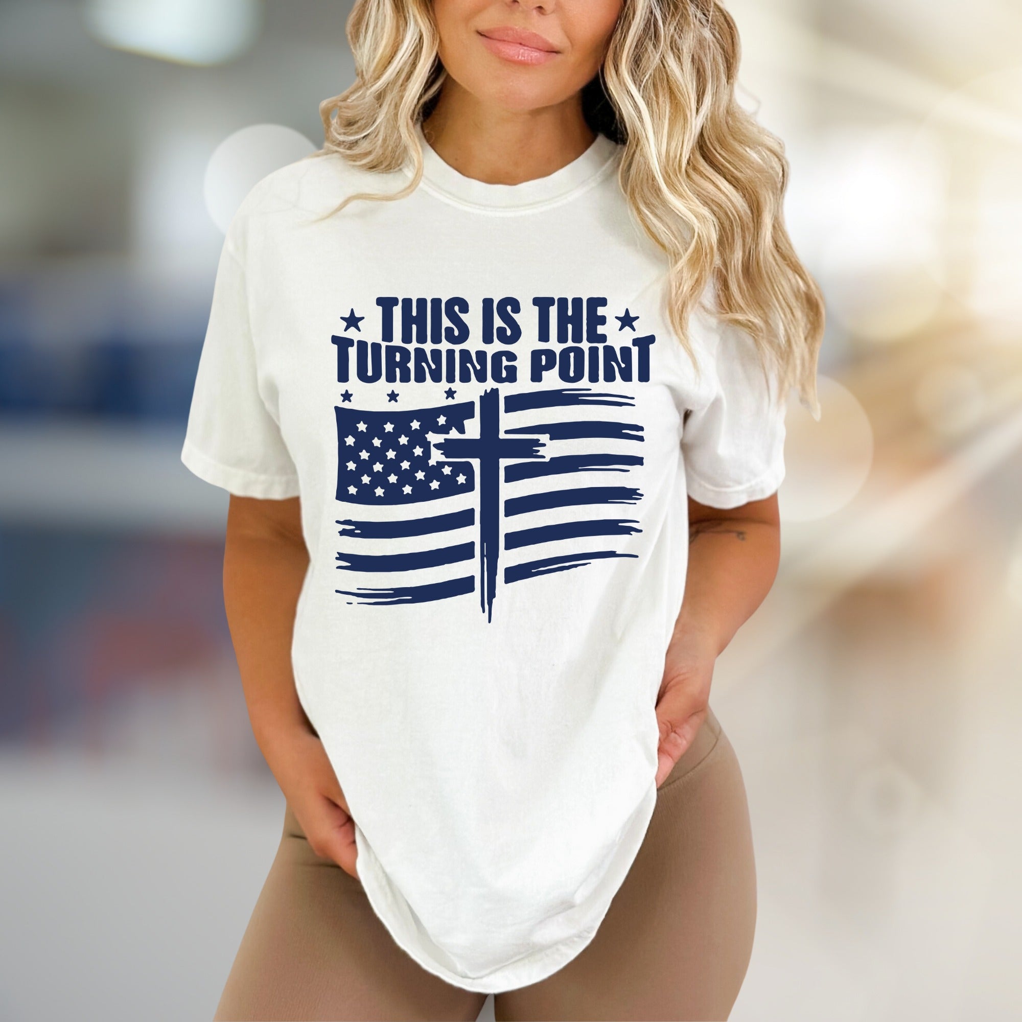 "THIS IS THE TURNING POINT" American Flag Cross Graphic Tee, a Faith-Inspired Statement