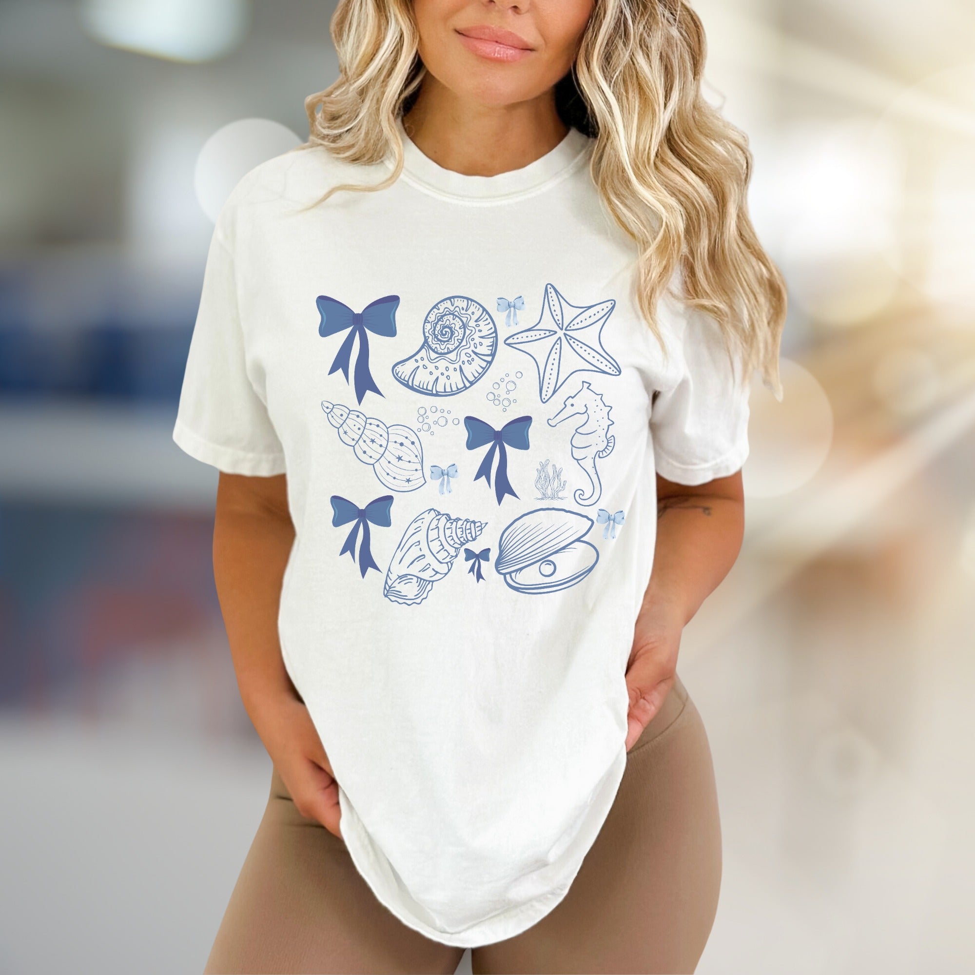 Oceanic Bows & Seashells Graphic Tee, a Whimsical Coastal Pick for Beach Lovers