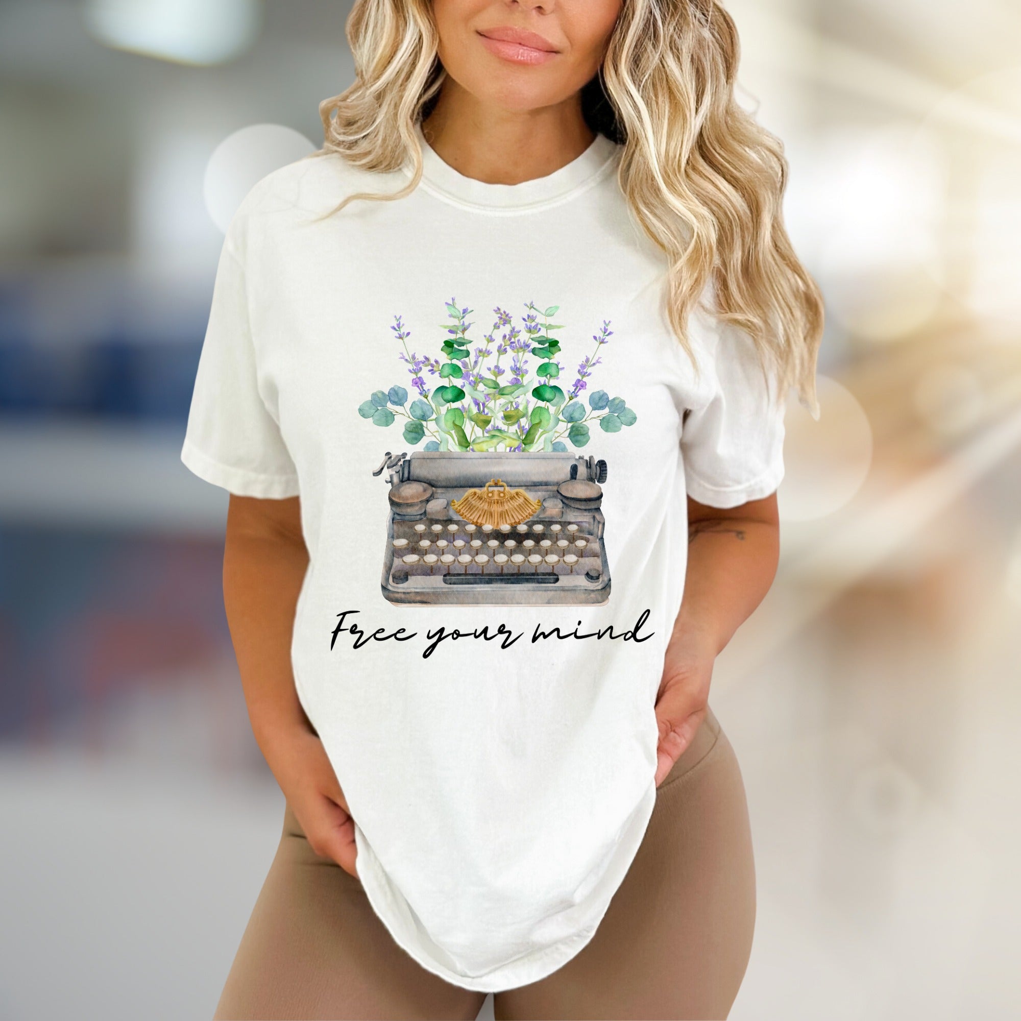 "Free Your Mind" Typewriter Floral Graphic Tee, a Creative Expression Unisex Tee