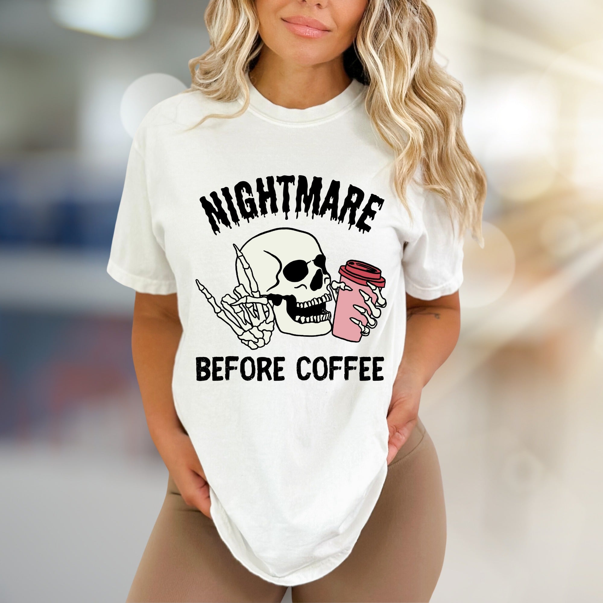 "NIGHTMARE BEFORE COFFEE" Humorous Skeleton Graphic Tee, a Witty Statement for Coffee Lovers